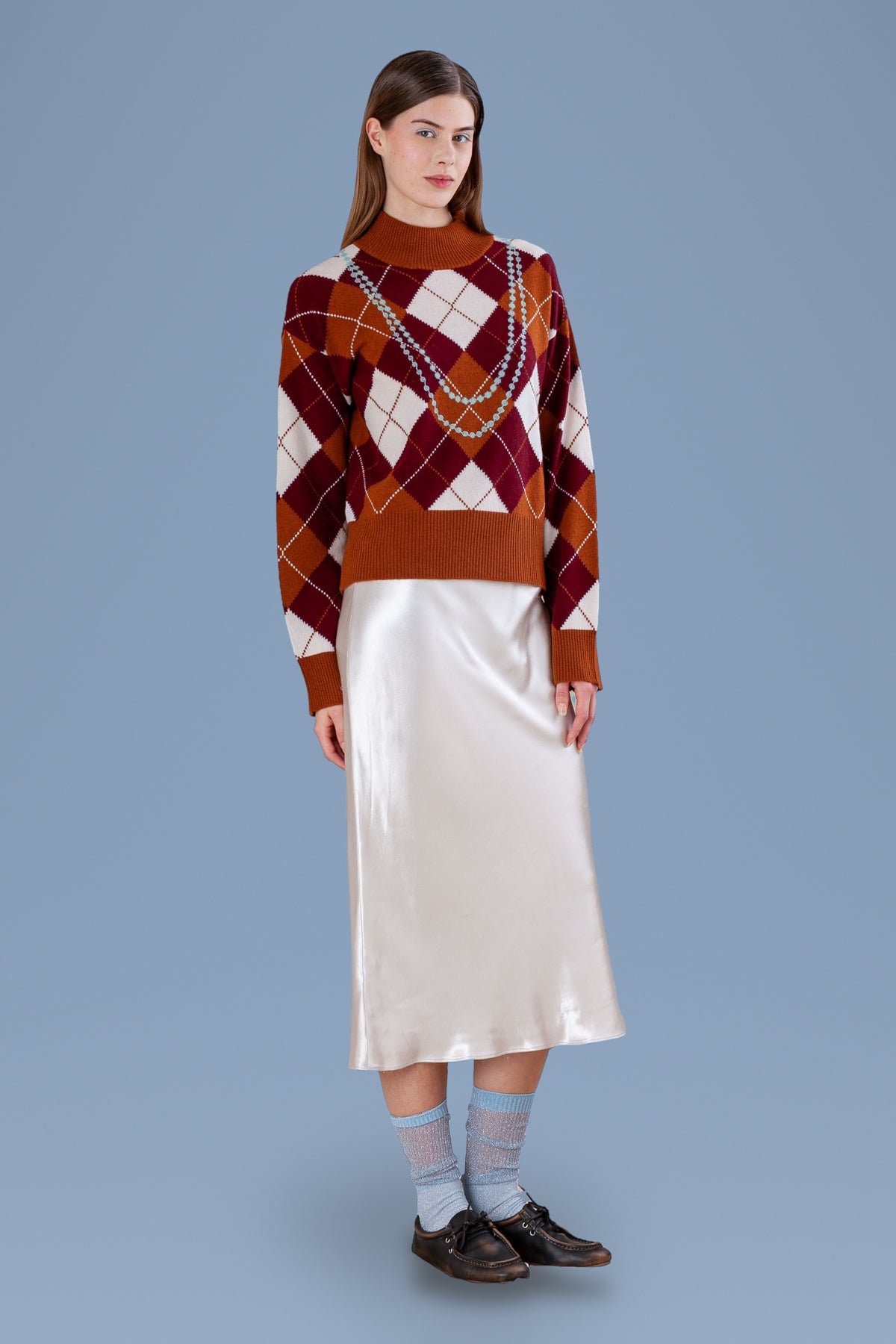 Pearl Necklace Argyle Mock Neck · Rust · front, alternative pose