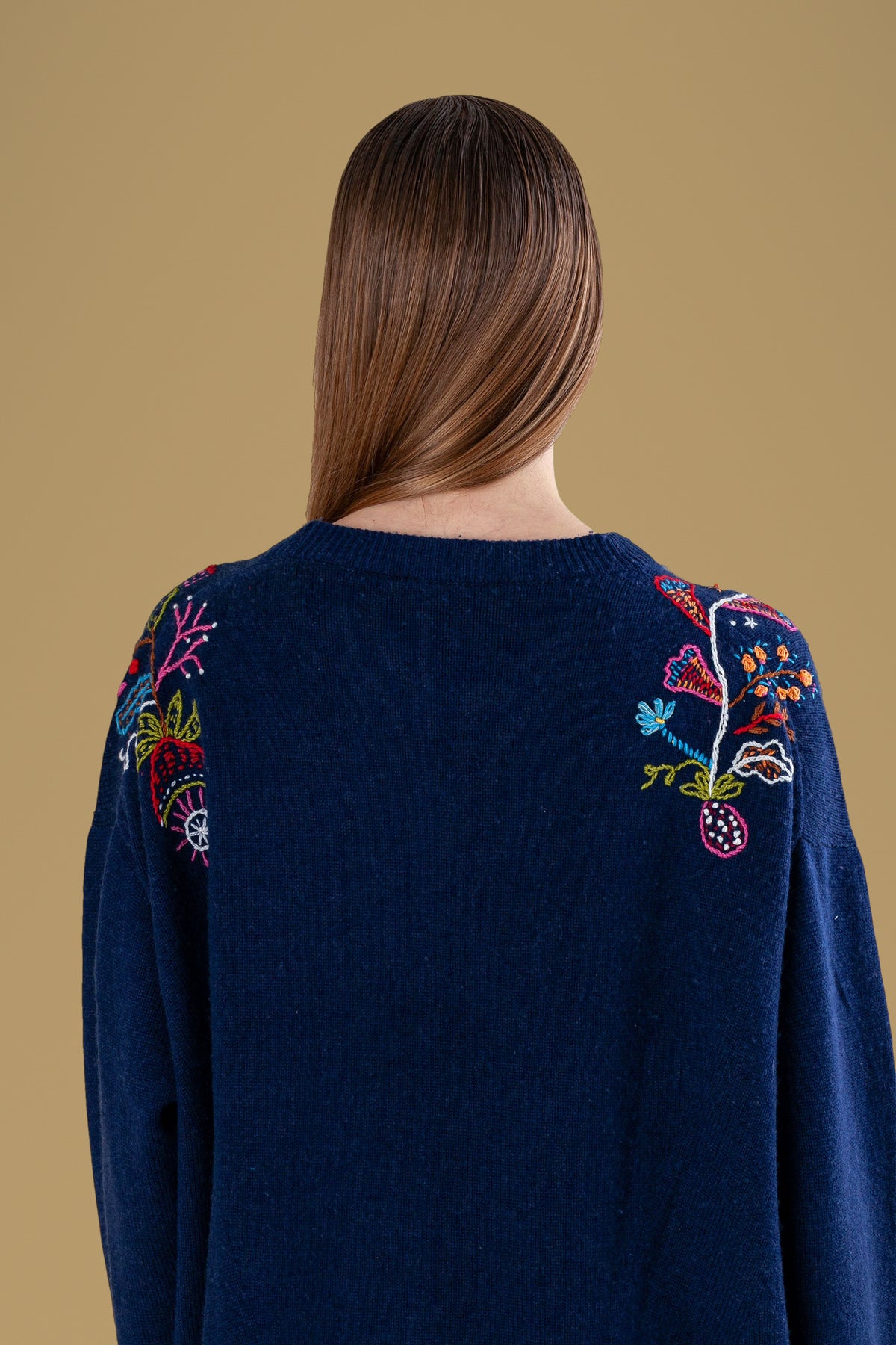 Back neck hand embroidery on navy relaxed crew