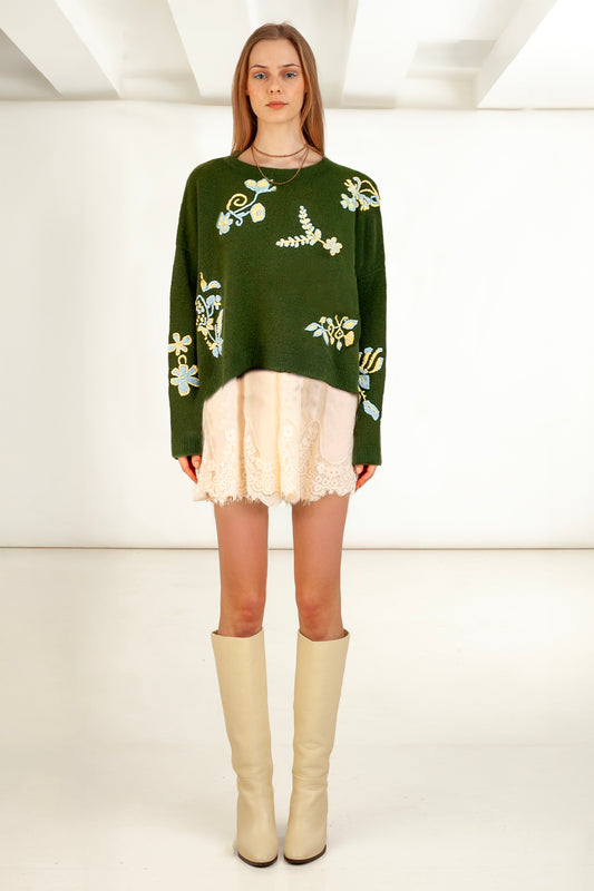 olive green sweater, wool cashmere knit, hand embroidered sweater, artisan knitwear, floral embroidery, oversized raglan sweater, luxury knitwear, ethical fashion, sustainable sweater, cozy autumn knit