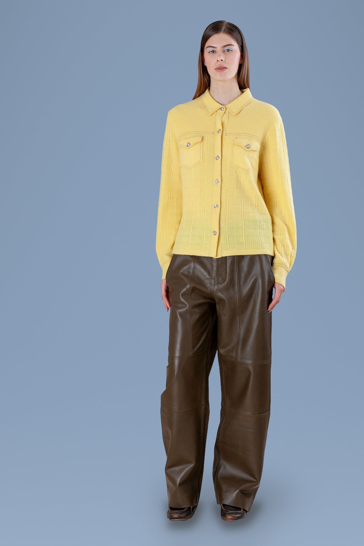 Pale yellow cashmere knitted shirt, front view, buttoned