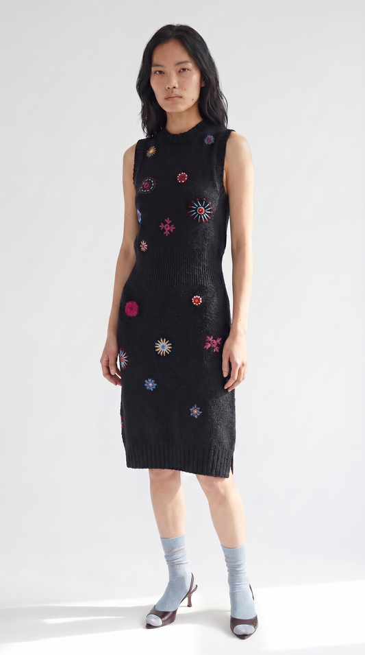 Scattered Light Round Neck Dress _ Organic Cotton Knit with Mirror Embroidery