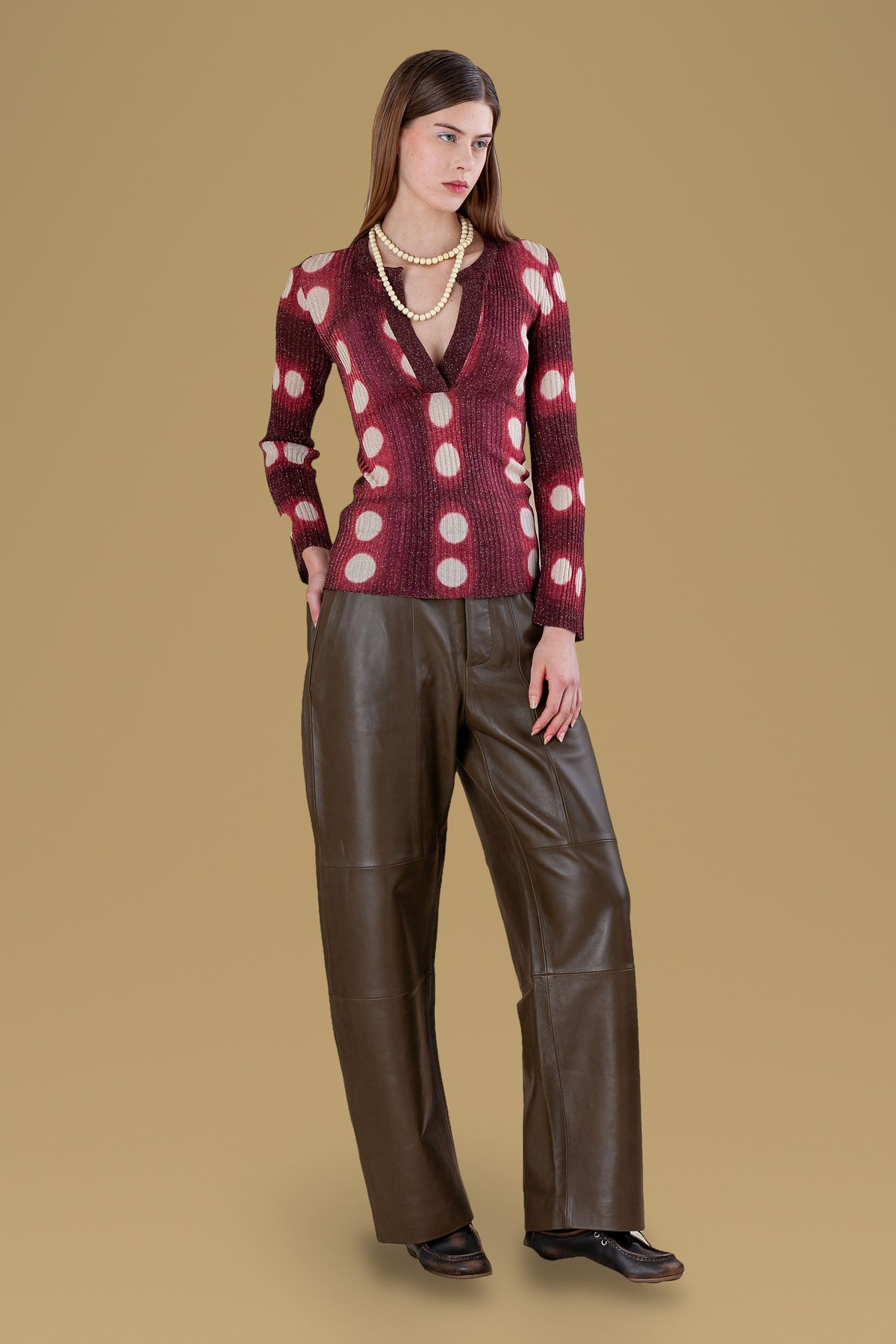 Burgundy tie-dye henley, three-quarter view