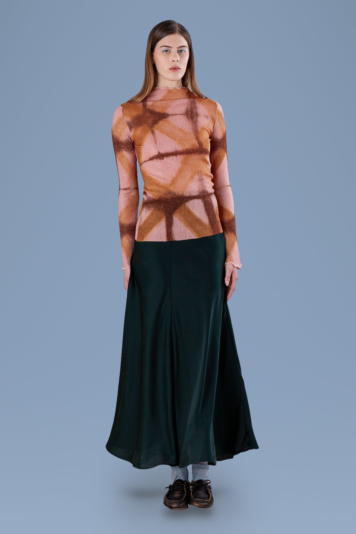 Pink and brown tie-dye ribbed turtleneck, front view