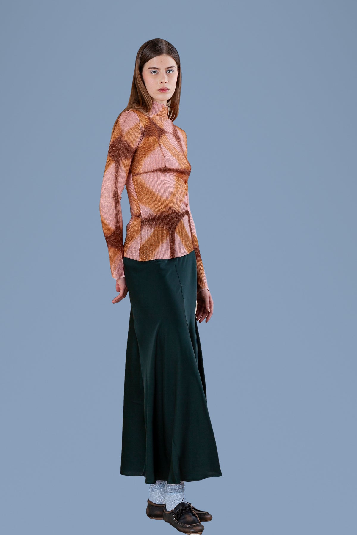 Tie-dye turtleneck, side view