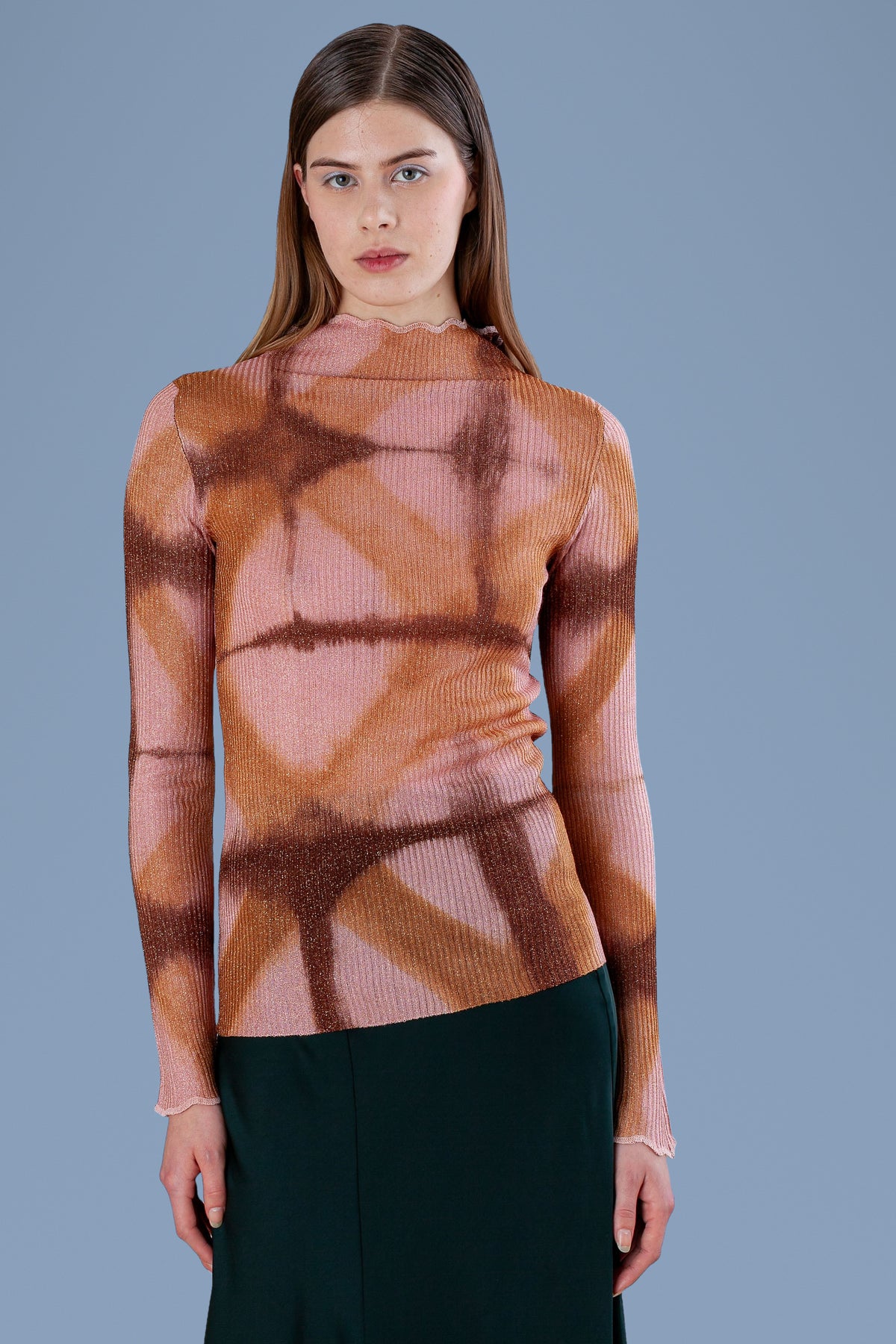 Front bust of tie-dye squares turtleneck