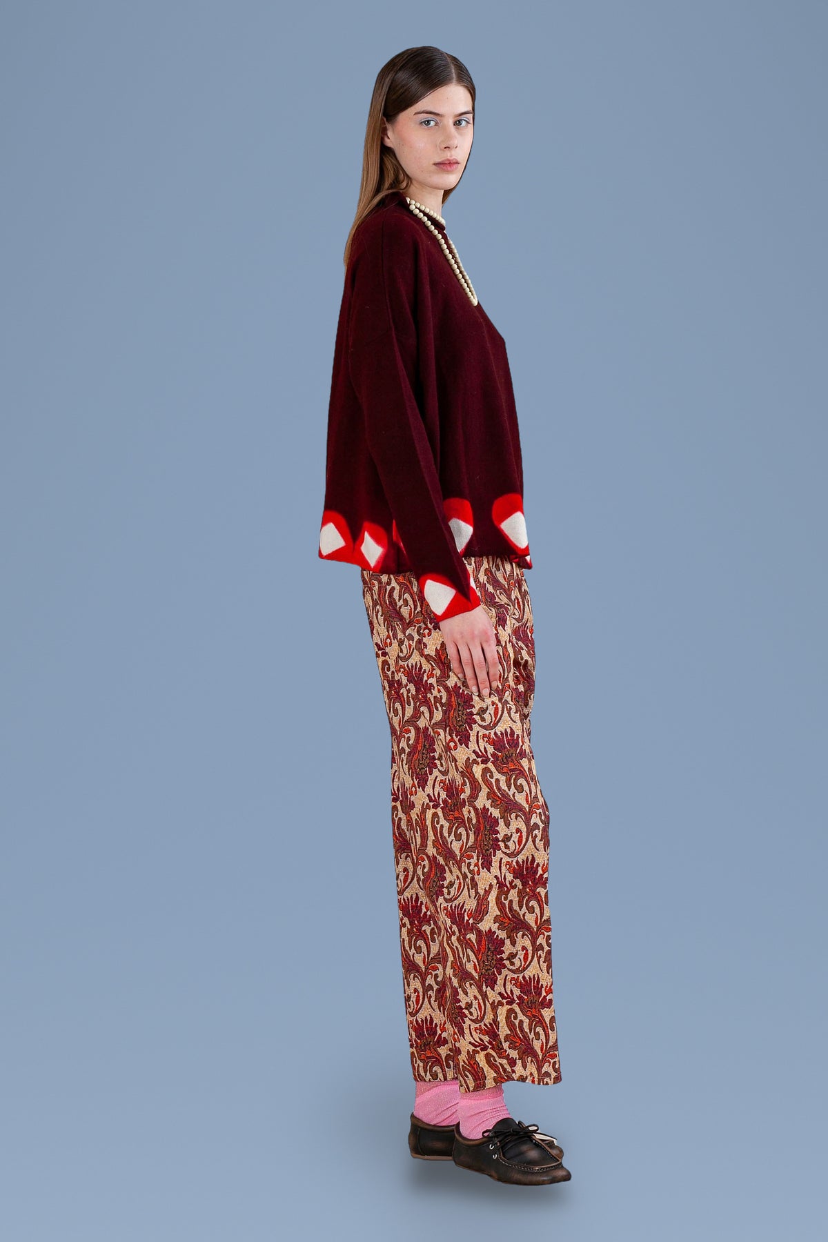 Burgundy sweater, side view