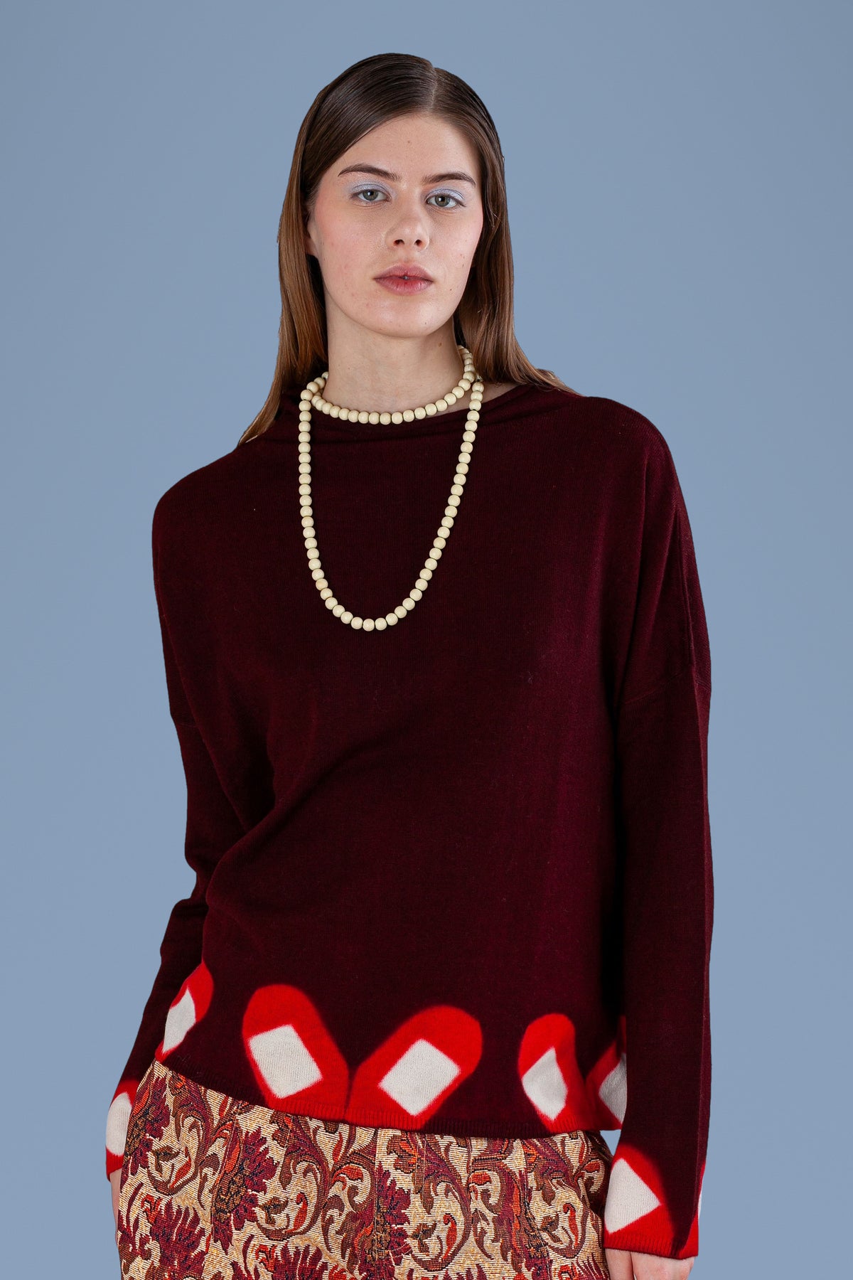 Front bust of burgundy high neck sweater
