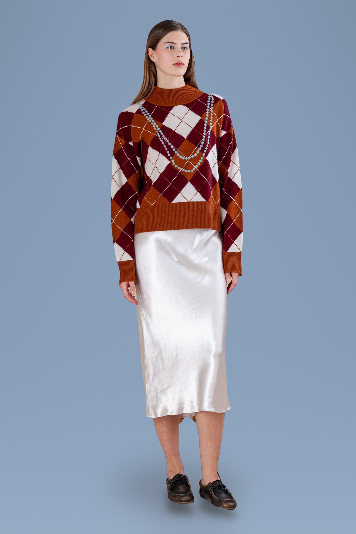 Pearl Necklace Argyle Mock Neck · Rust · front, alternative