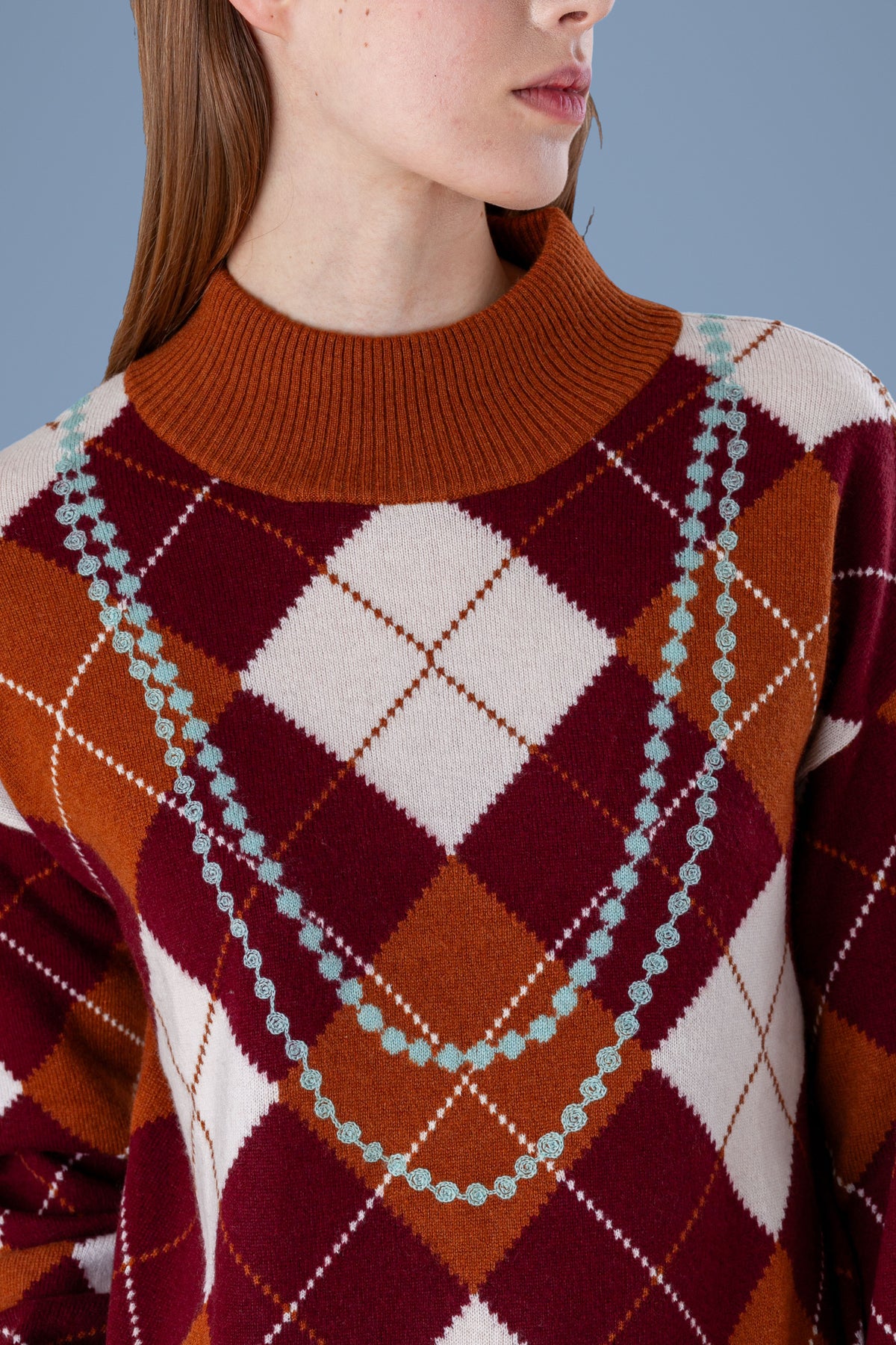 Pearl Necklace Argyle Mock Neck · Rust · detail