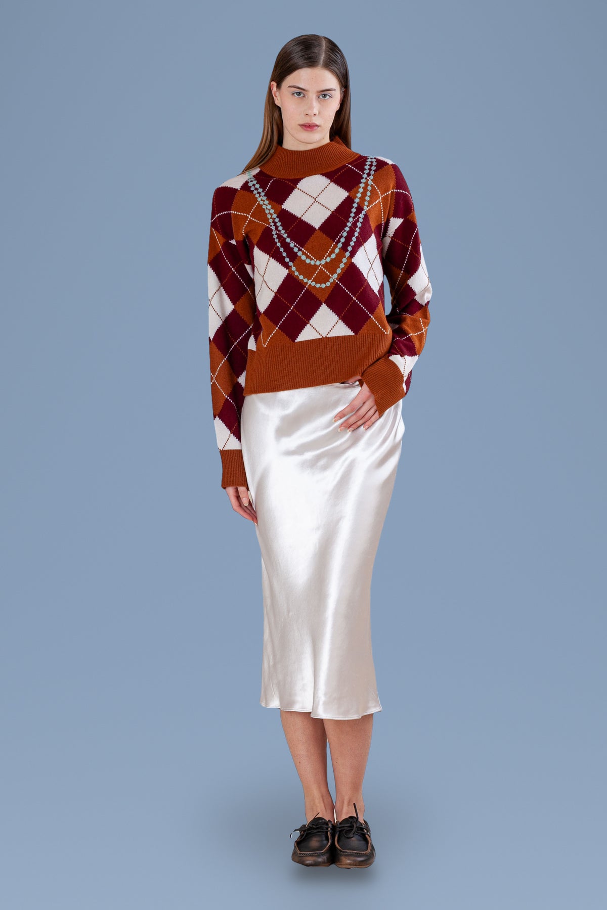 Pearl Necklace Argyle Mock Neck · Rust · front