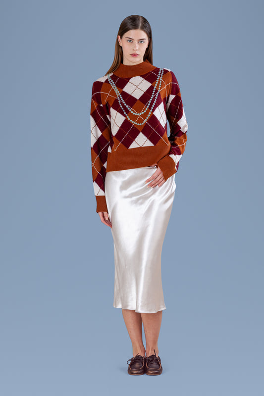 Pearl Necklace Argyle Mock Neck · Rust · front