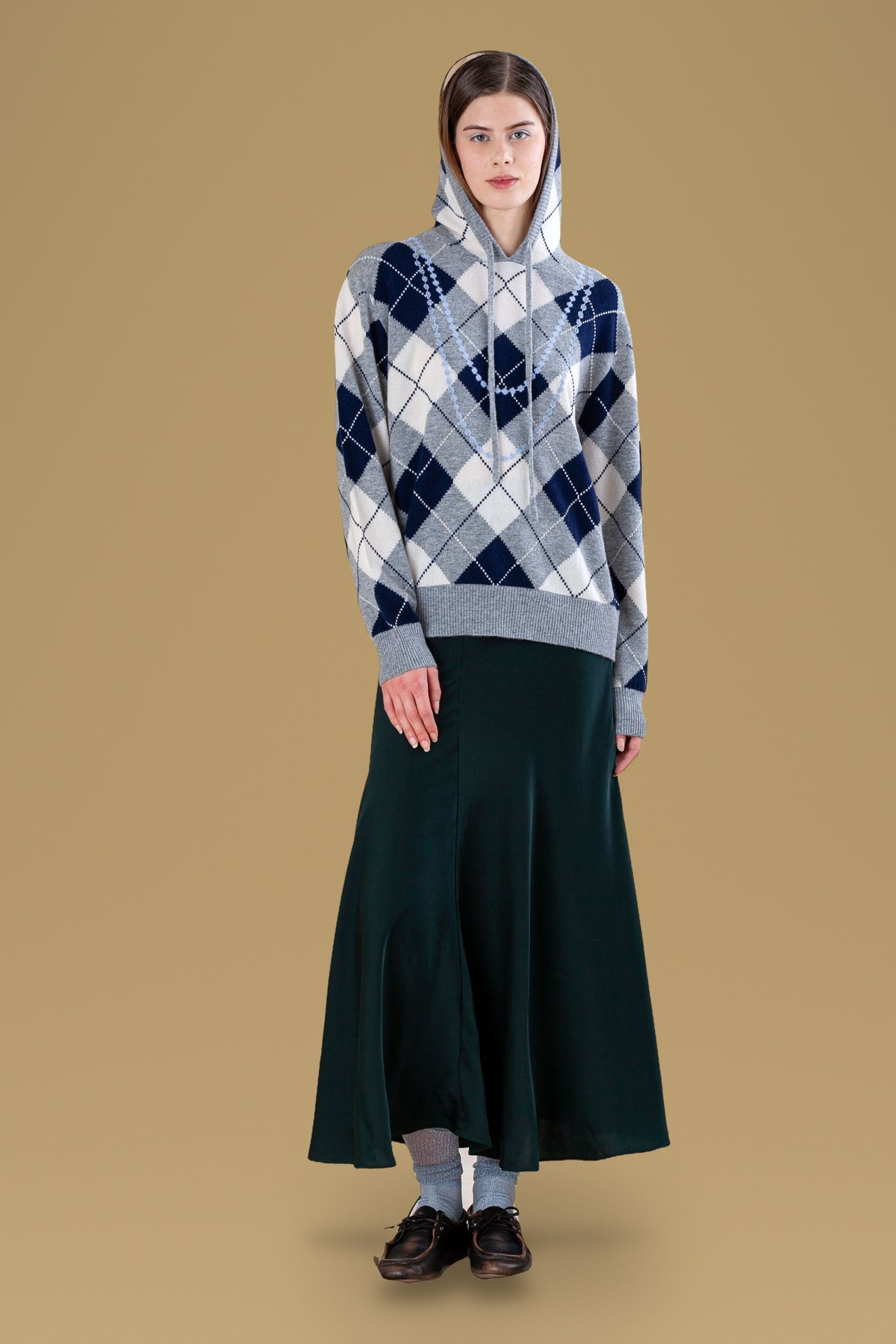 Pearl Necklace Argyle Hoodie · Grey, three-quarter view