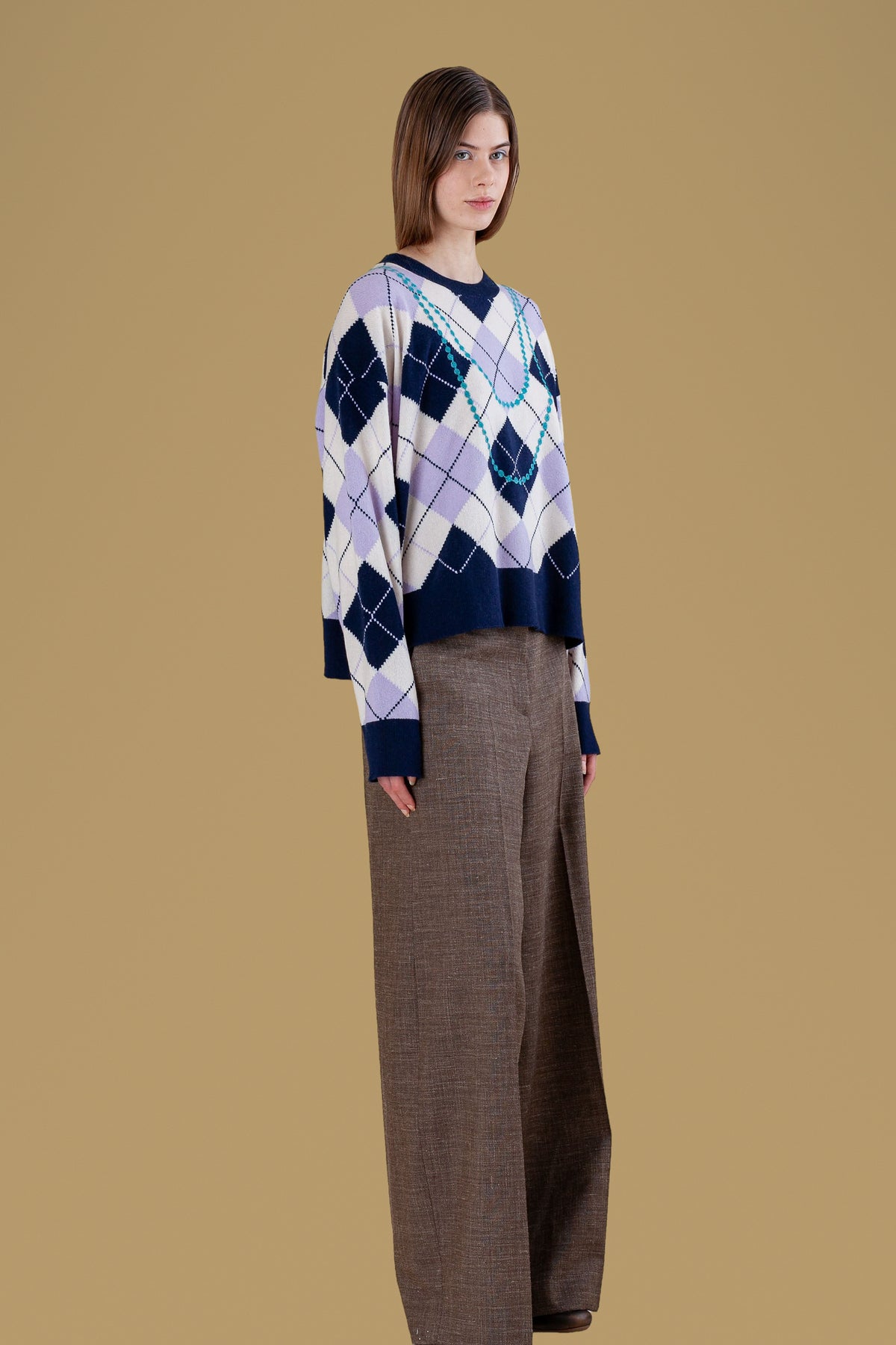 Argyle sweater, side view