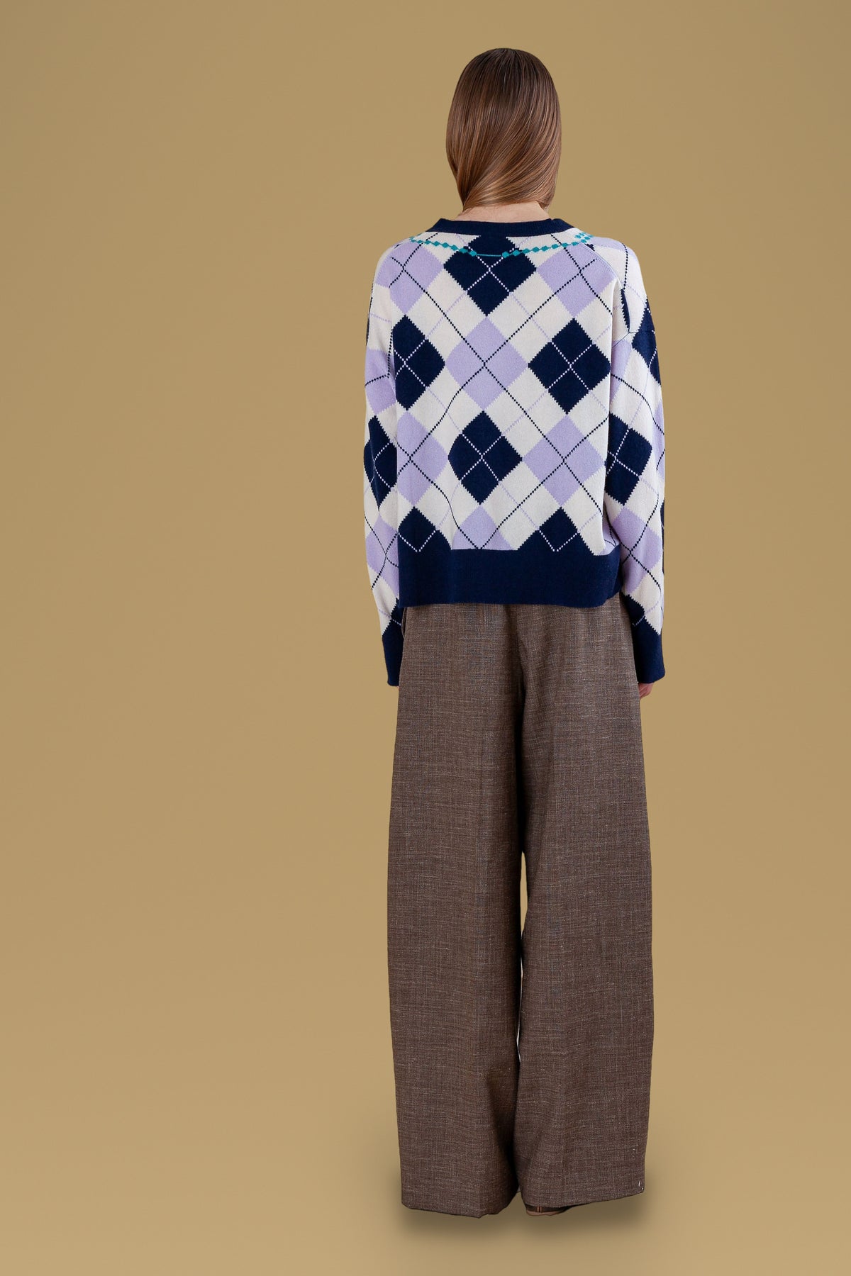 Navy argyle sweater, back view