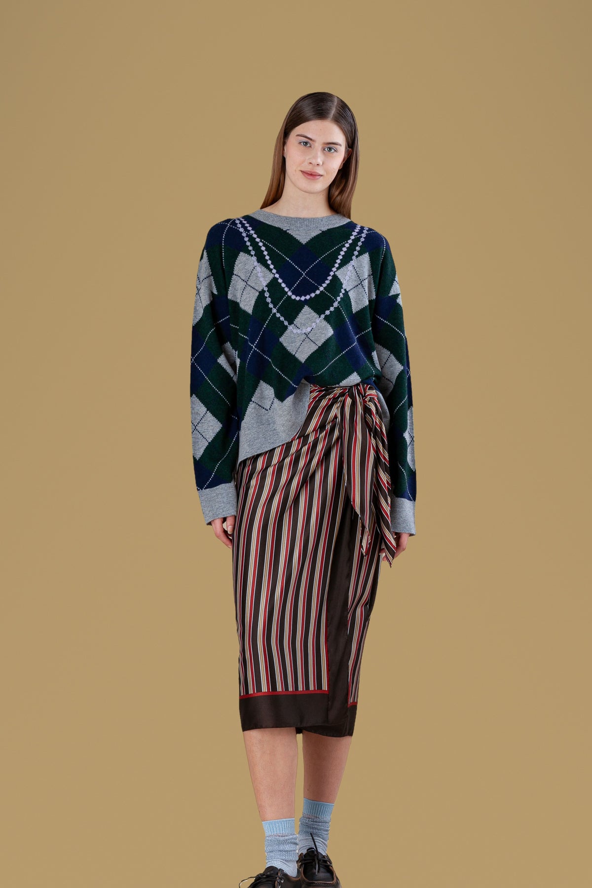 Pearl Necklace Argyle Relaxed Crew Wood, front