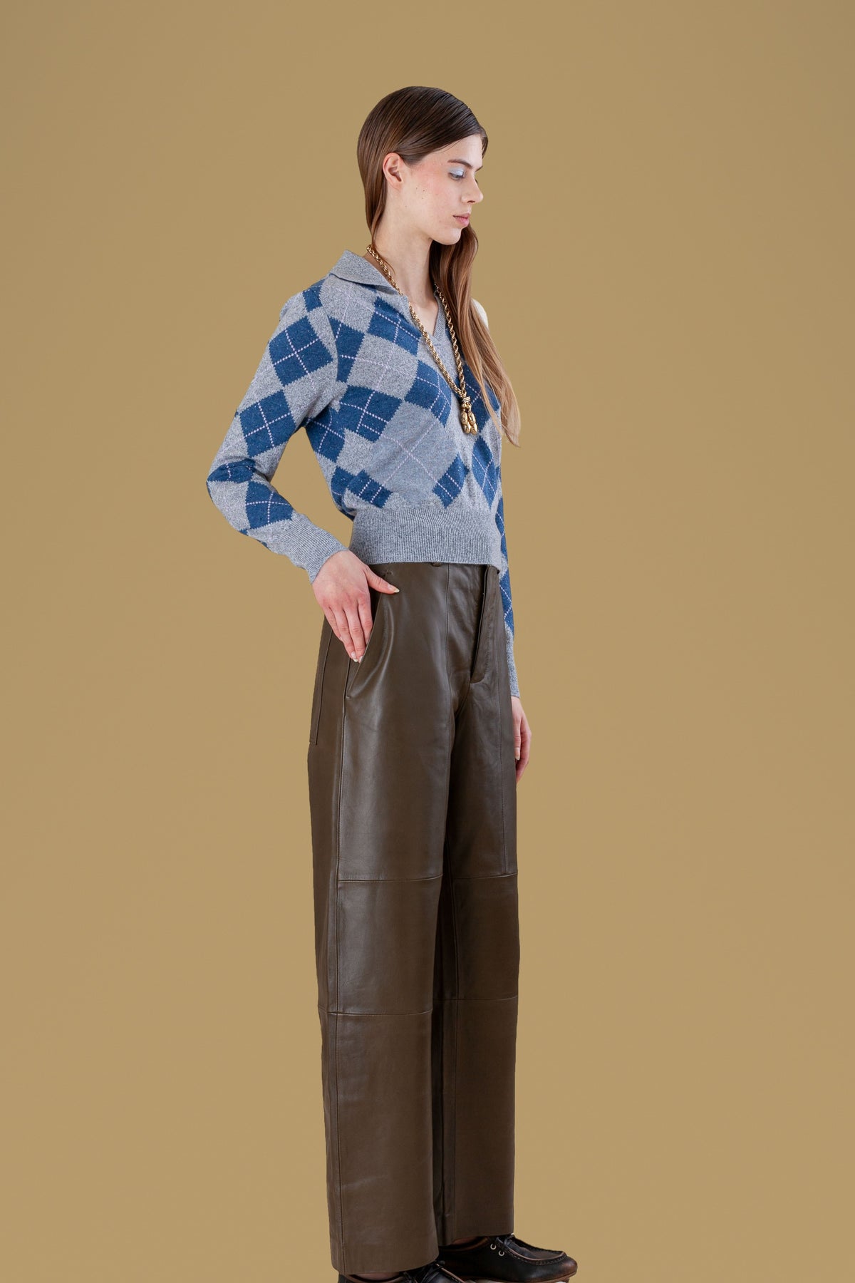 Argyle Cashmere Polo Sweater Grey, side
