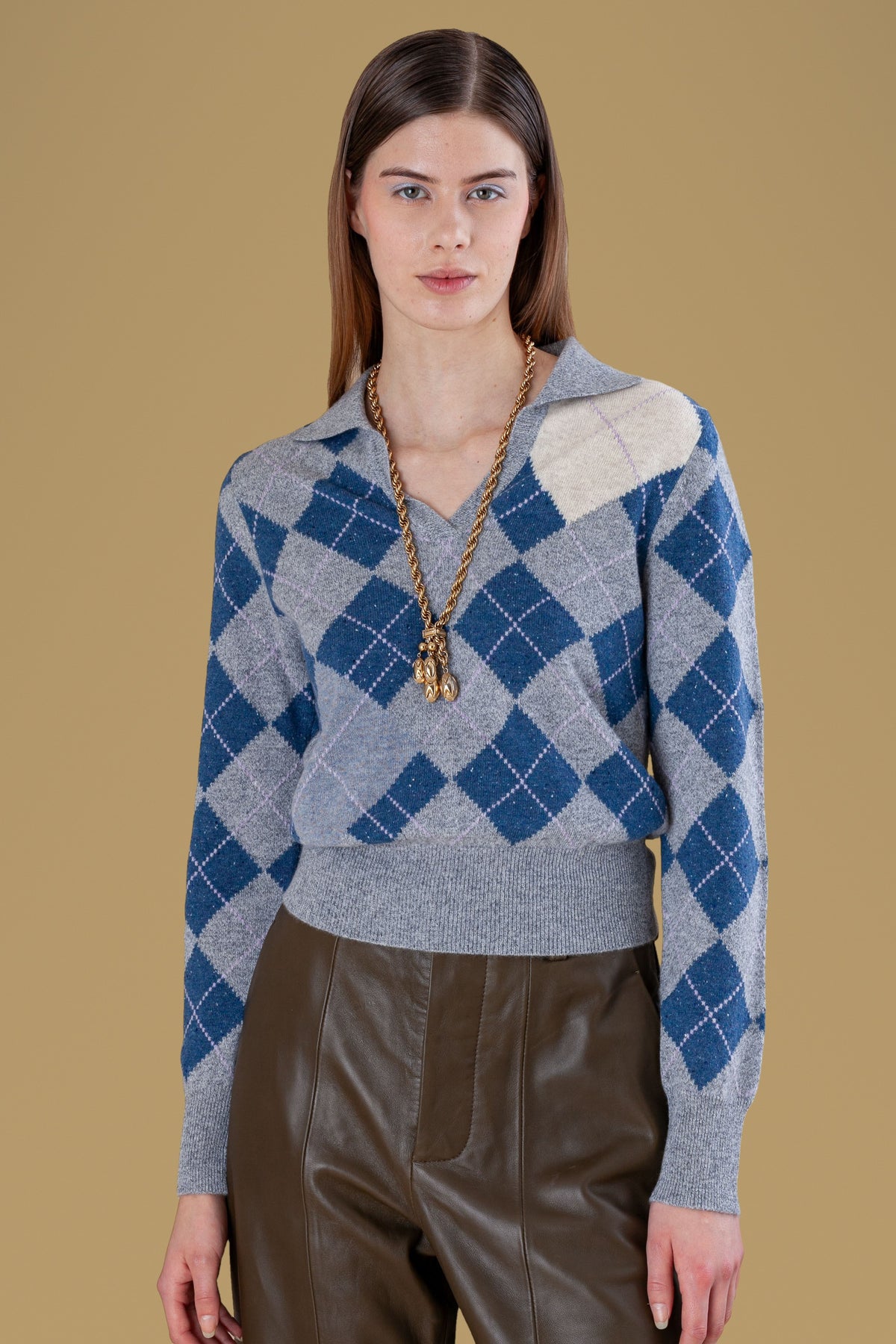 Argyle Cashmere Polo Sweater Grey, close-up