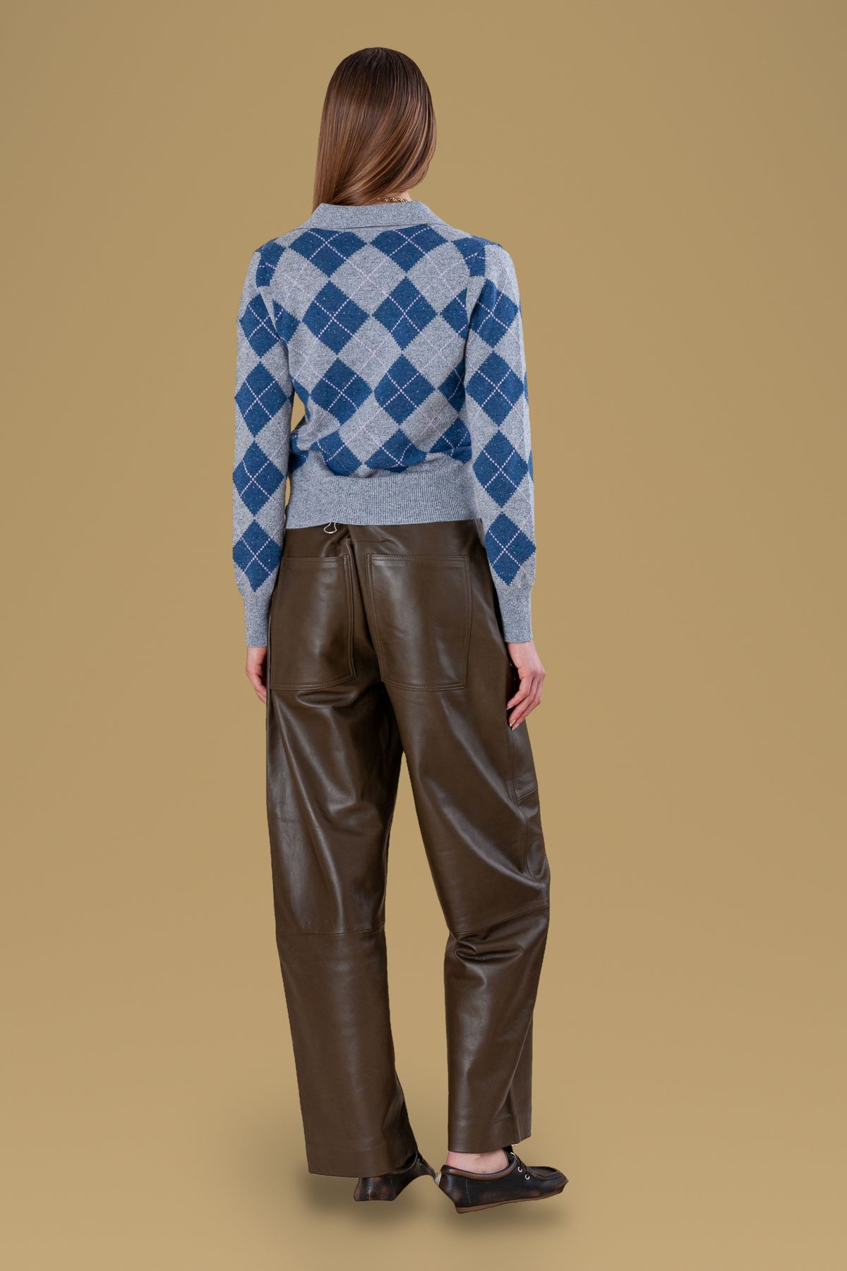Argyle Cashmere Polo Sweater Grey, back