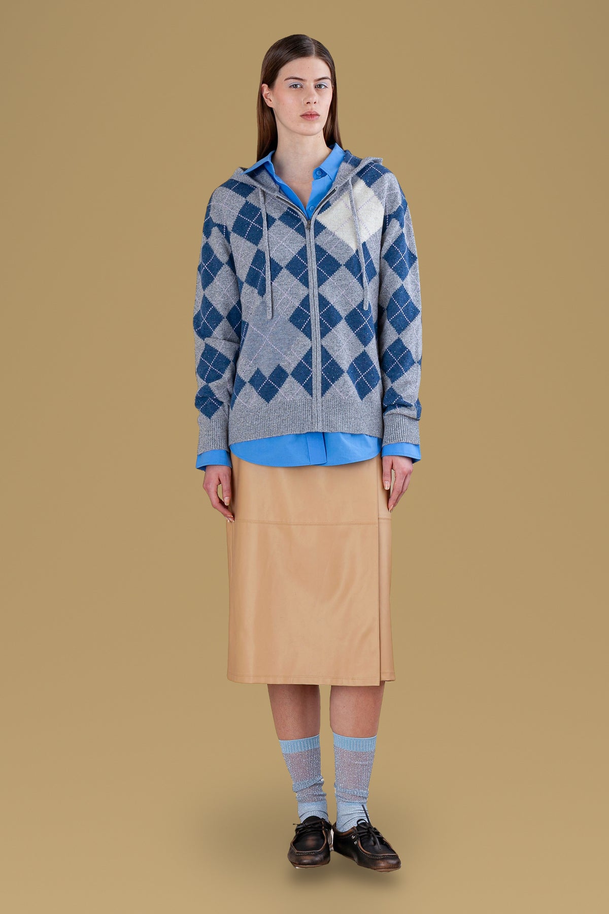 Grey and blue argyle cashmere zip hoodie, front view