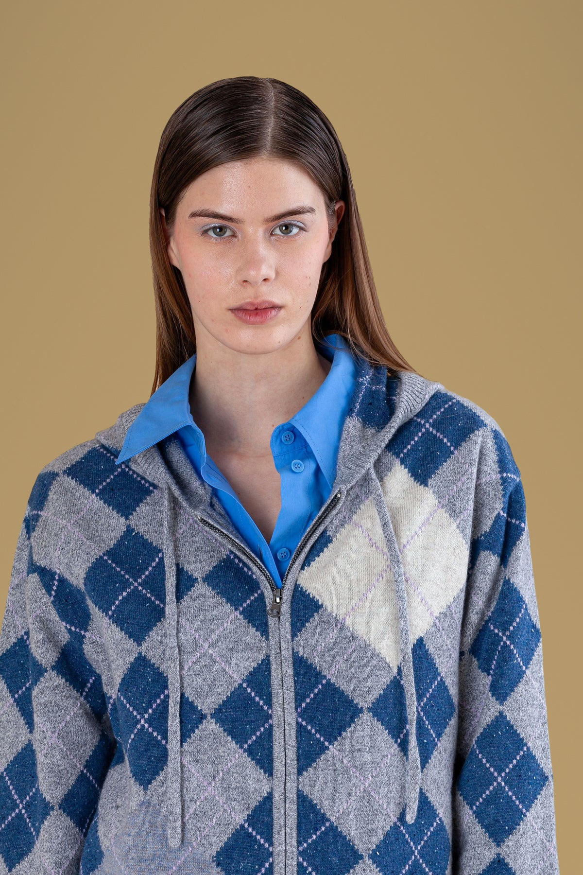 Front bust of argyle zip hoodie