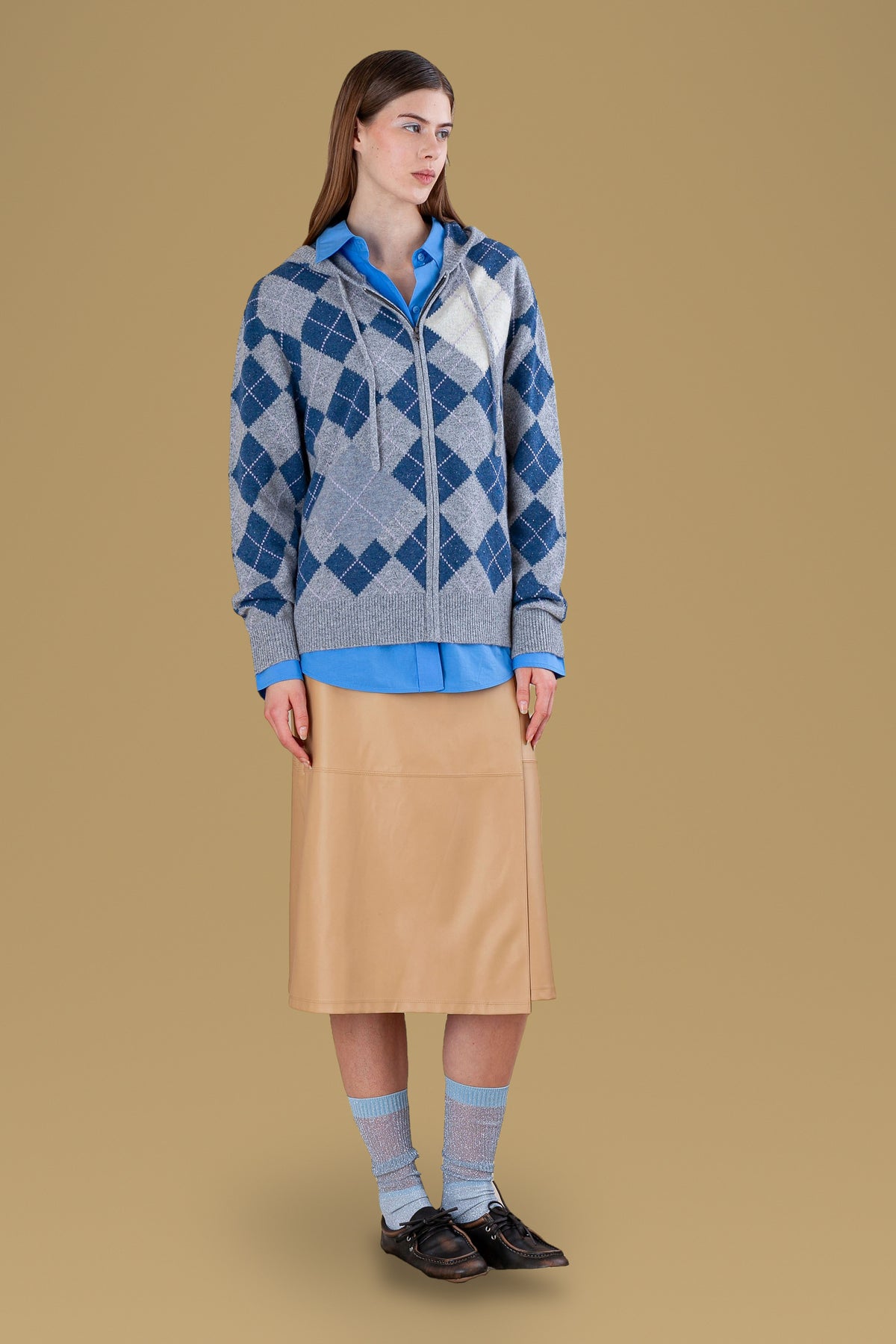 Argyle zip hoodie, three-quarter view
