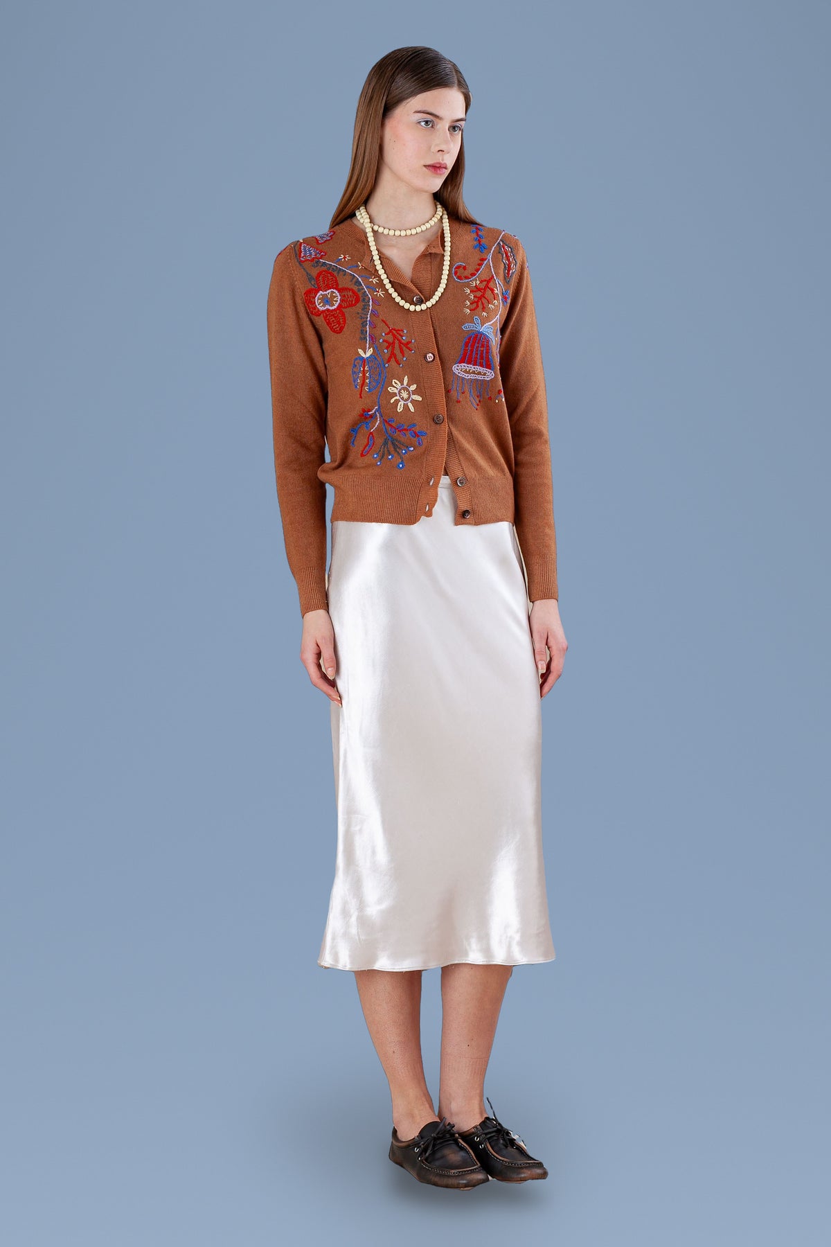 Cuoio brown hand-embroidered Rebecchina cardigan, front view, buttoned