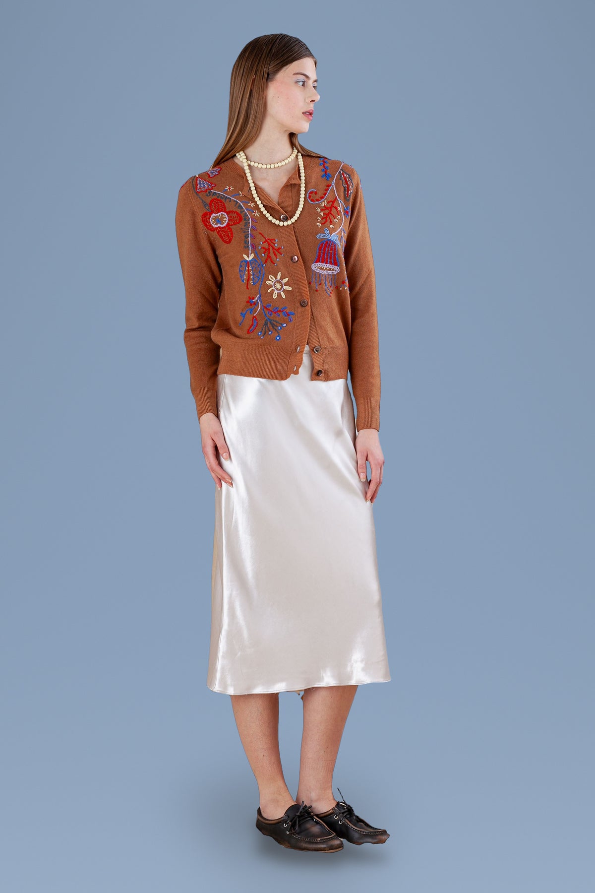 Brown embroidered cardigan, three-quarter view