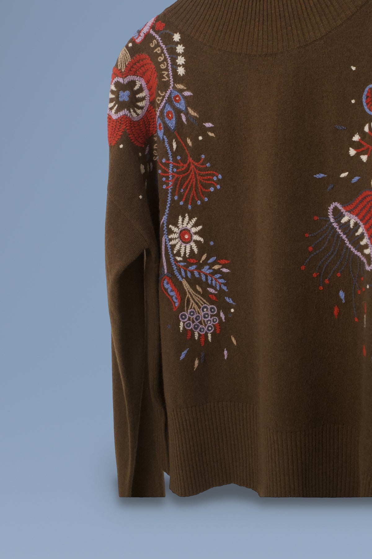 Hand-Embroidered Mock Neck · Brown · detail