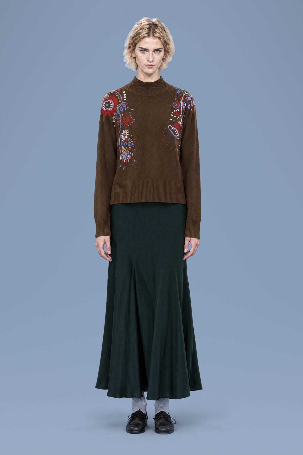 Hand-Embroidered Mock Neck · Brown · front