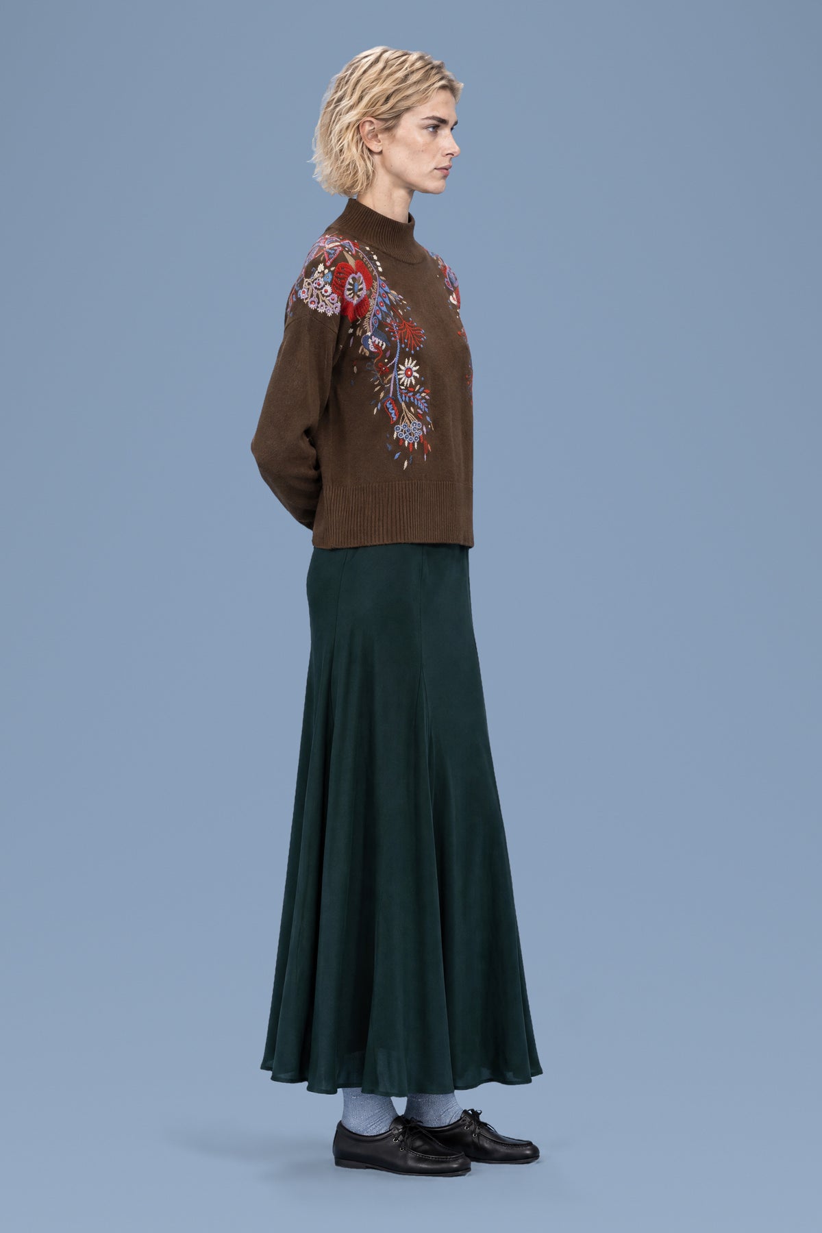 Hand-Embroidered Mock Neck · Brown · side view