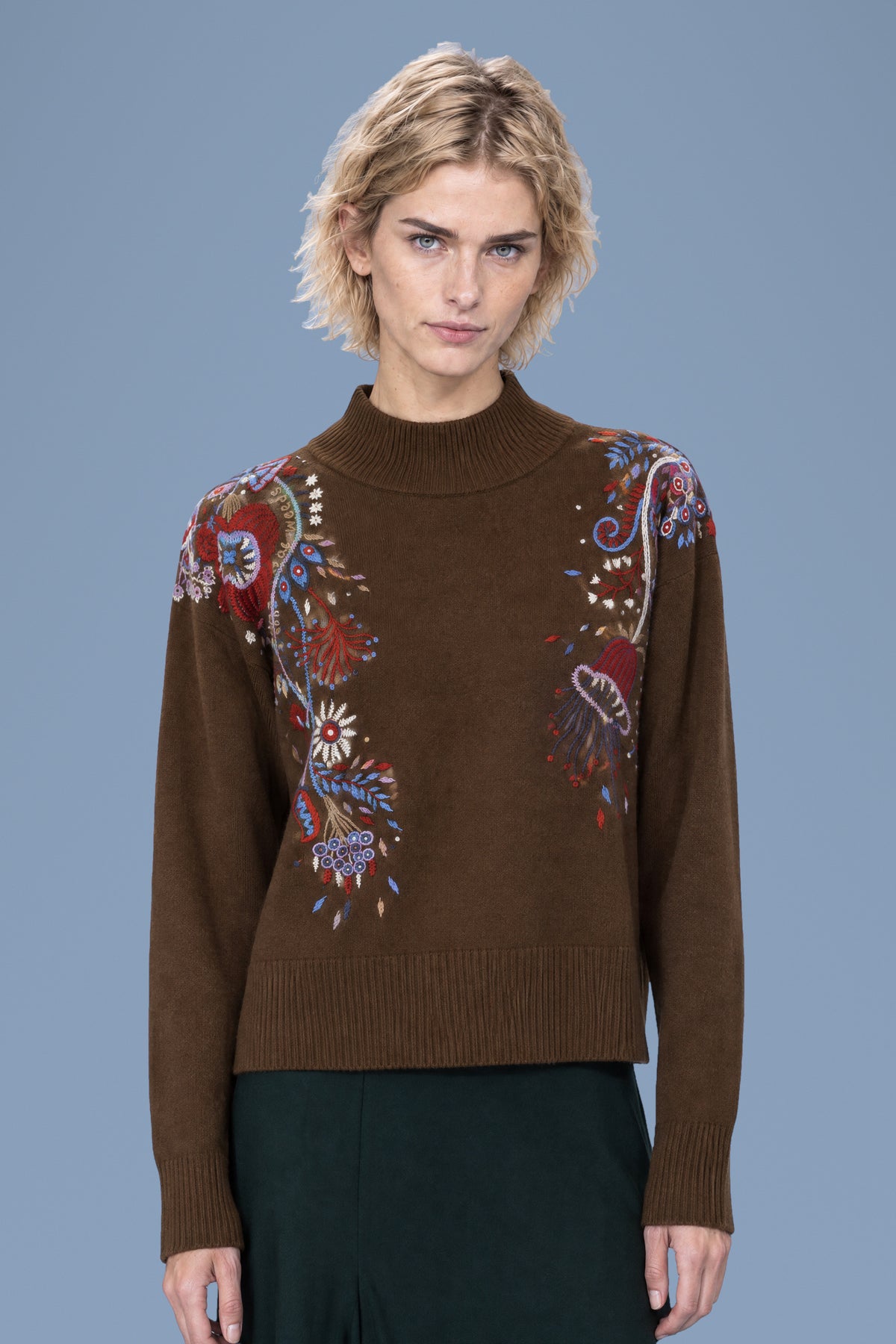 Hand-Embroidered Mock Neck · Brown · half-length