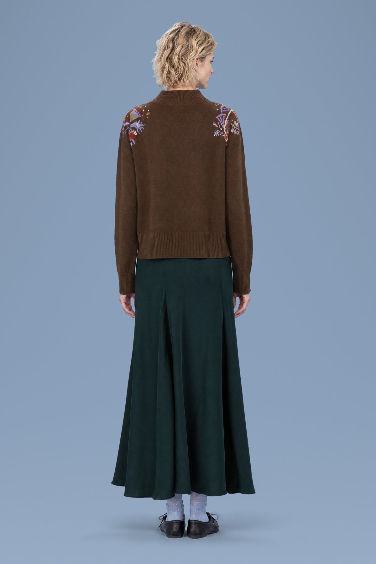 Hand-Embroidered Mock Neck · Brown · back