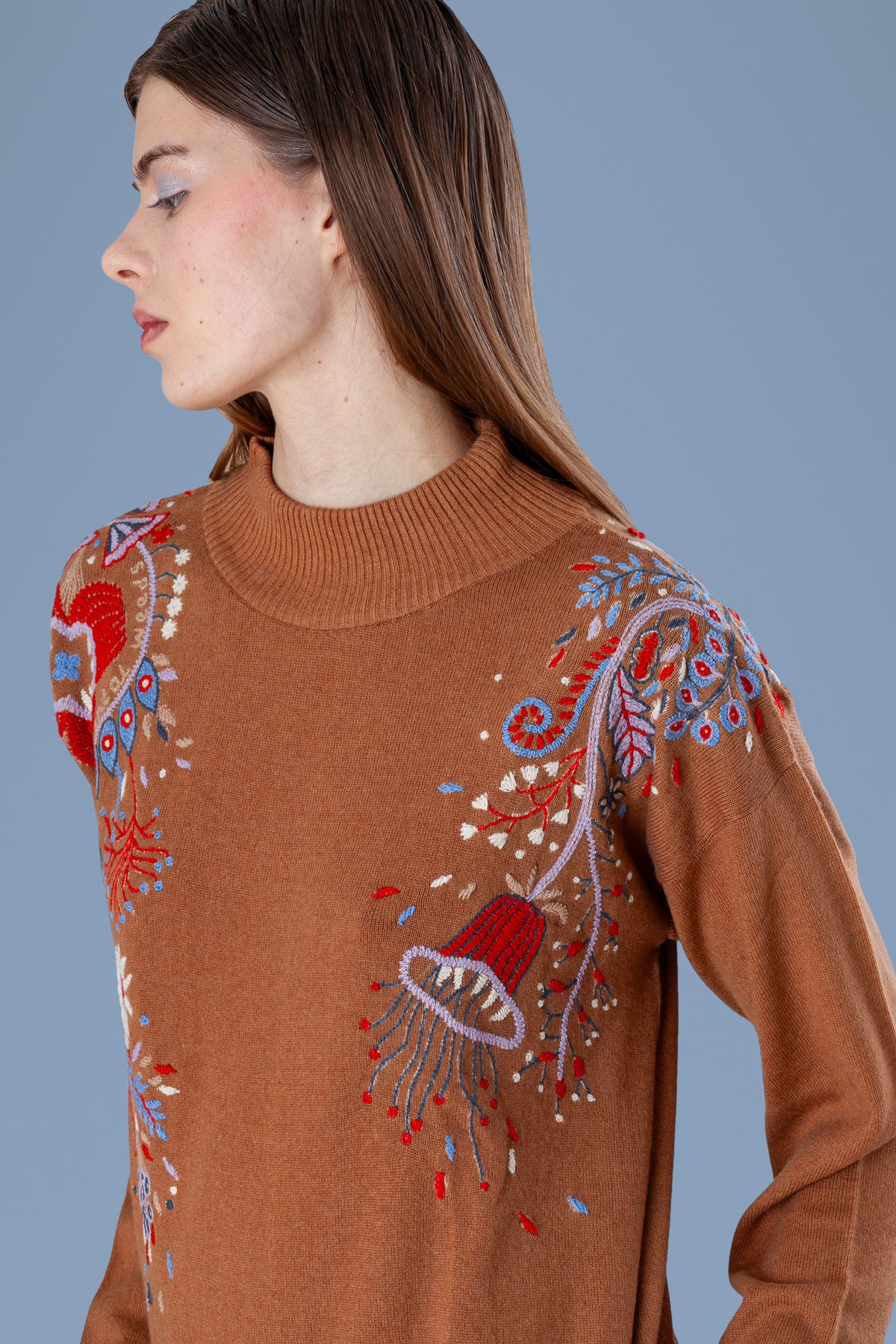 Hand-Embroidered Mock Neck · Cuoio · detail