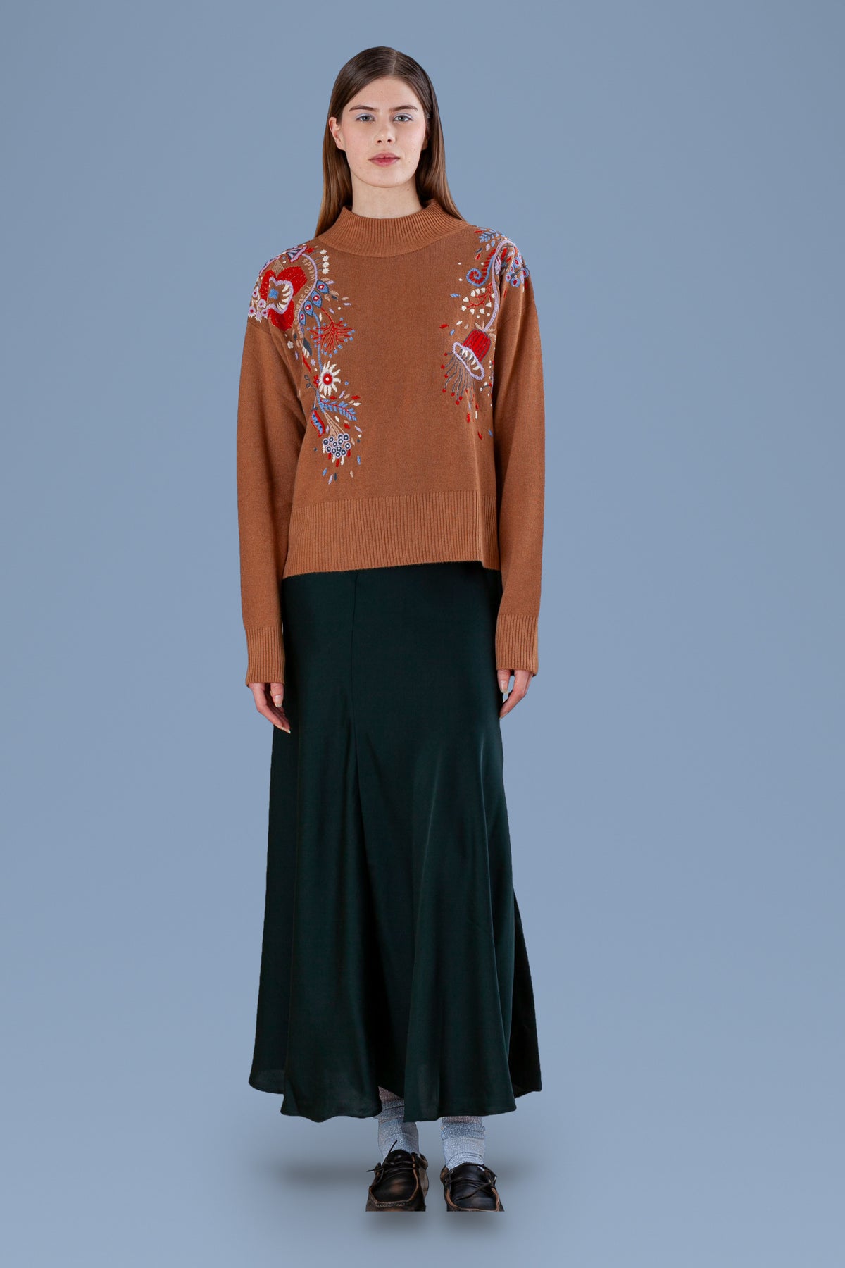 Hand-Embroidered Mock Neck · Cuoio · front
