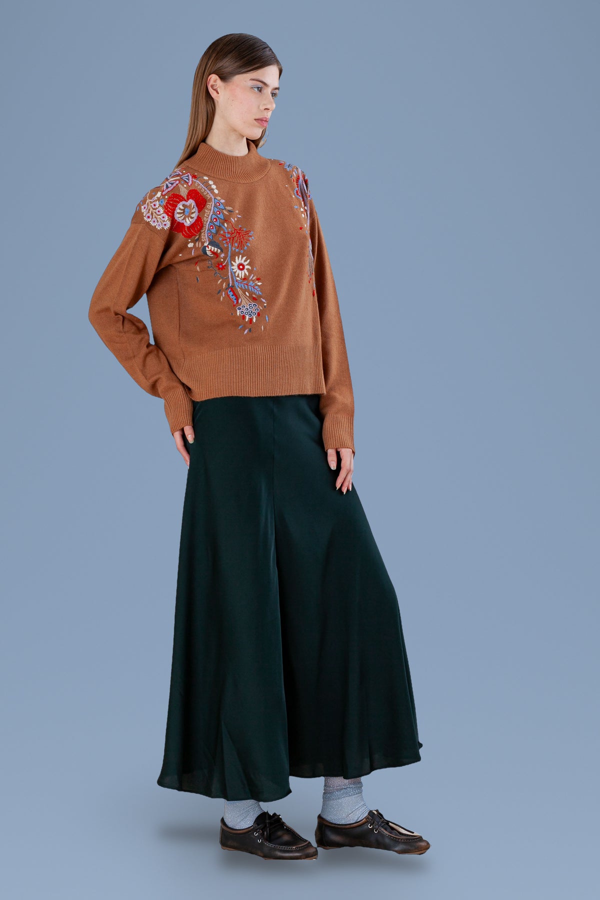 Hand-Embroidered Mock Neck · Cuoio · side view