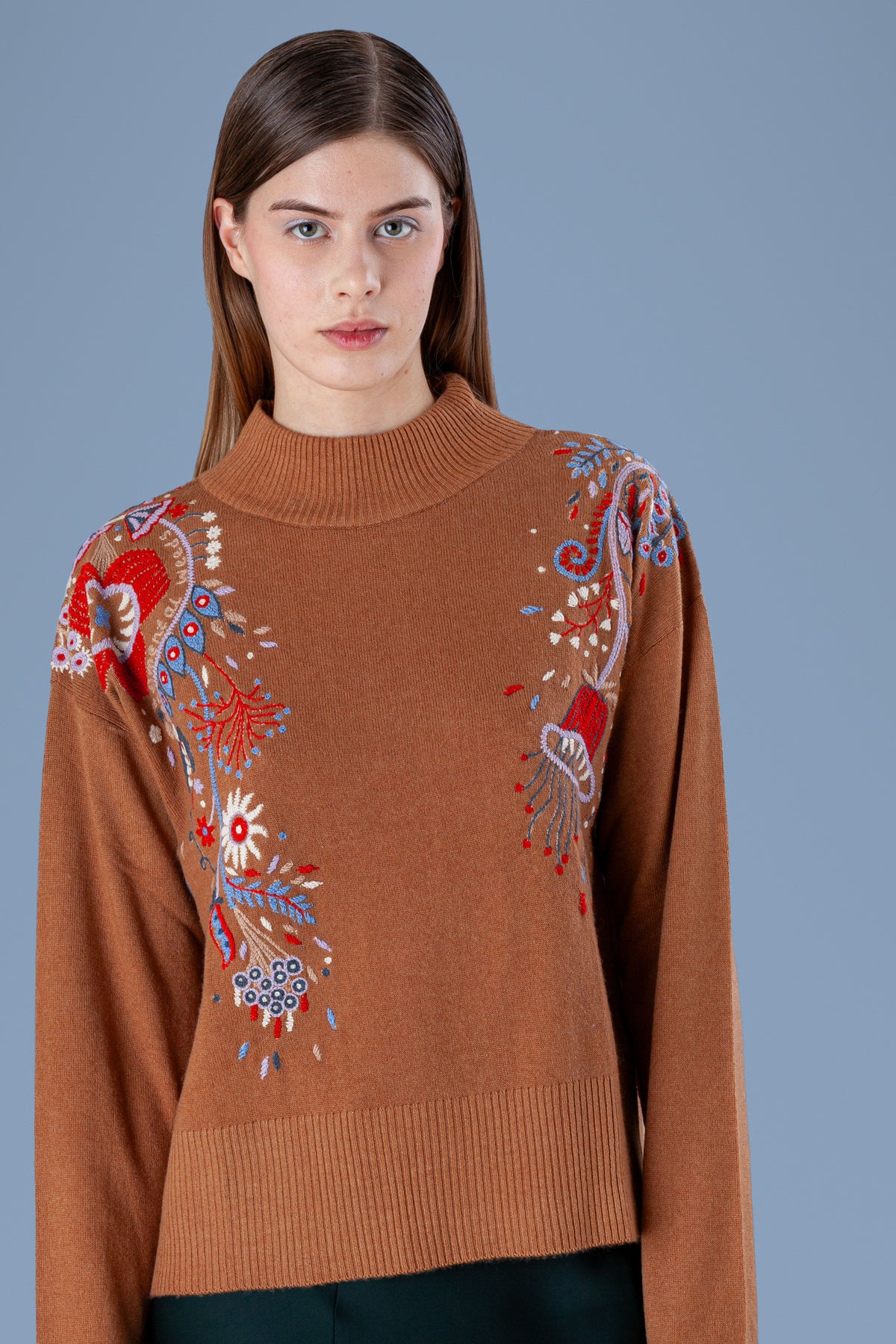 Hand-Embroidered Mock Neck · Cuoio · half-length