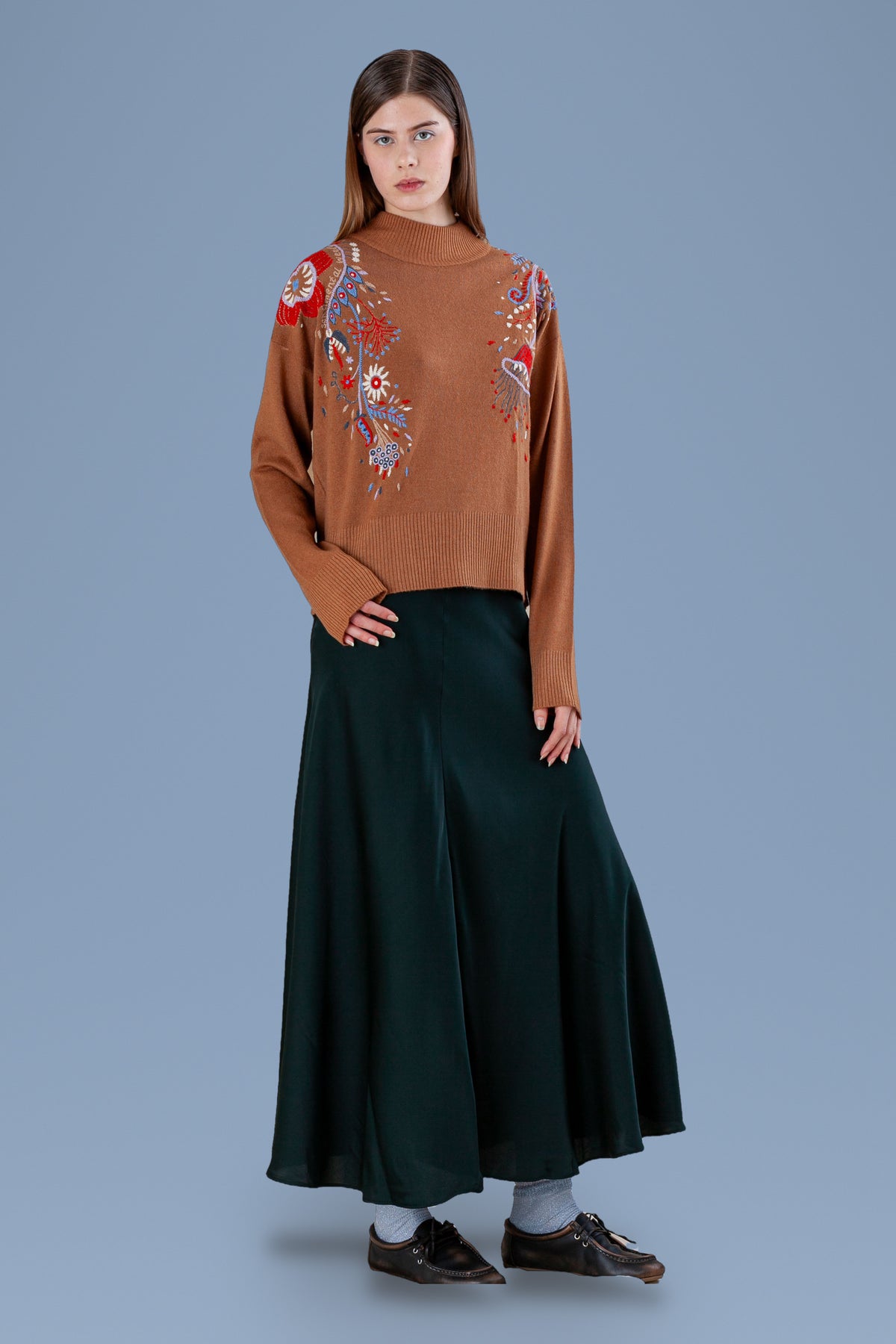 Hand-Embroidered Mock Neck · Cuoio · three-quarter view