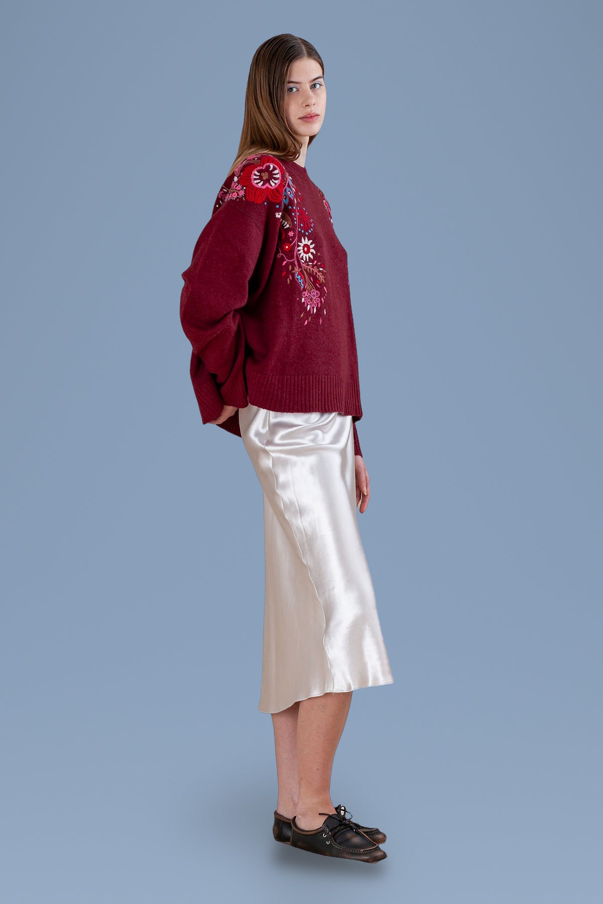 Burgundy relaxed crew sweater, side view