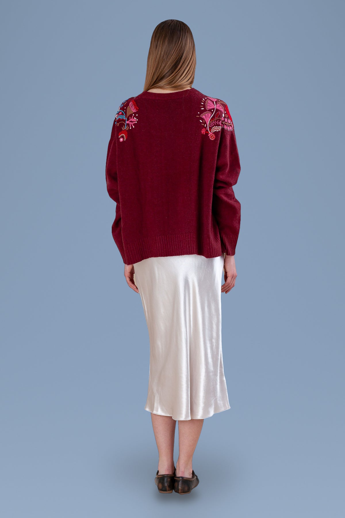 Burgundy sweater, back view with embroidered shoulders