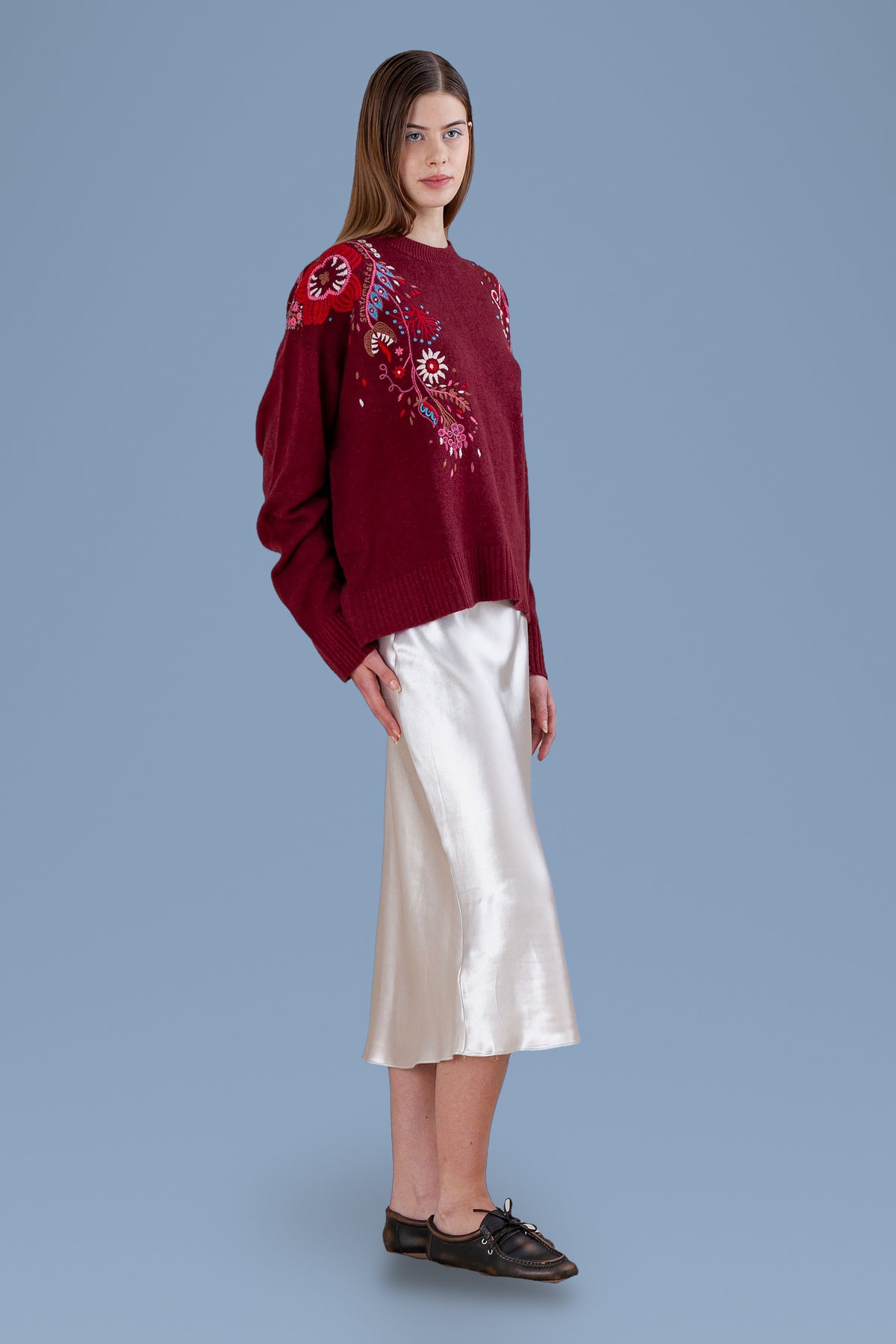 Burgundy relaxed crew, three-quarter view