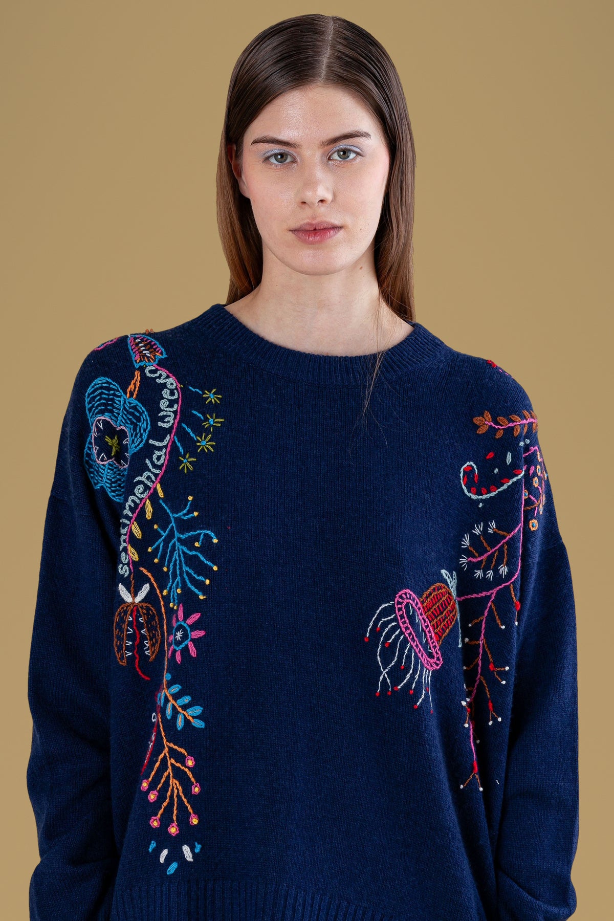 Navy sweater, front bust, hand embroidery detail