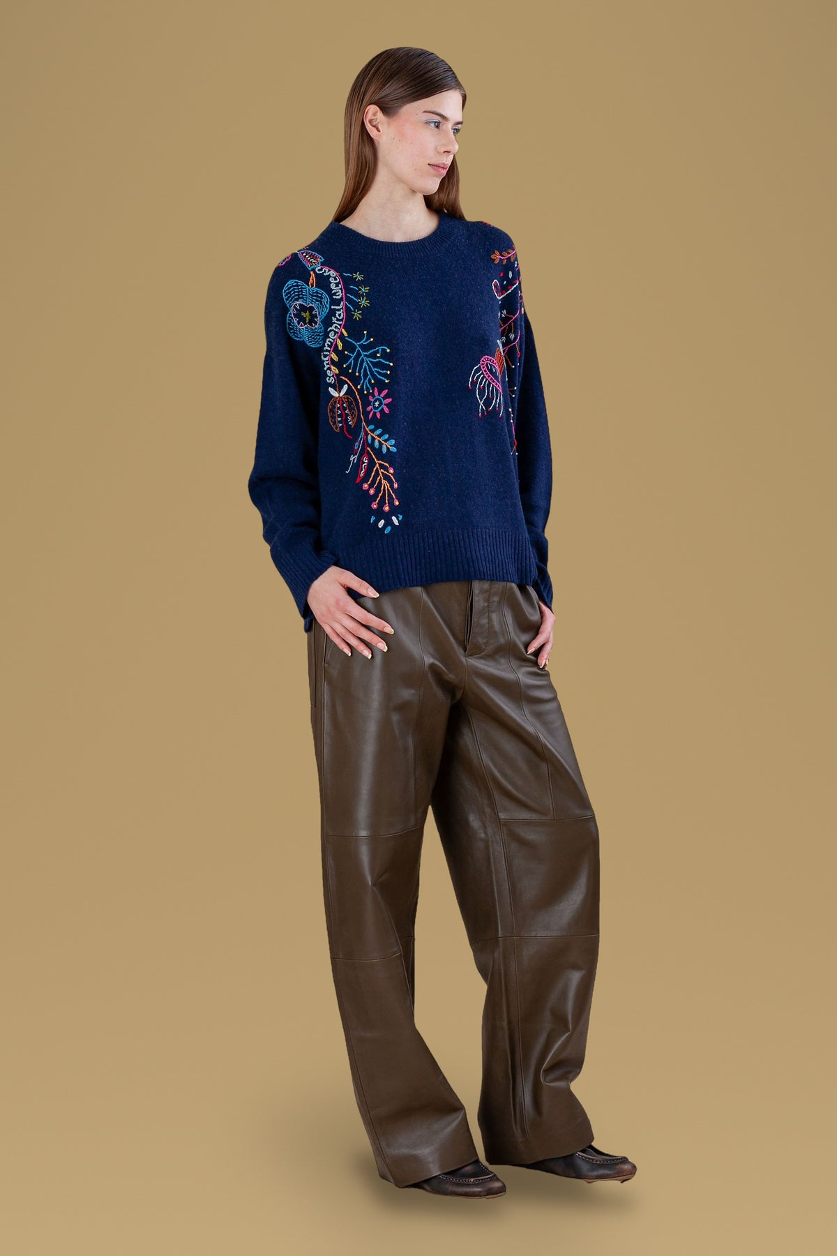 Navy hand-embroidered relaxed crew, three-quarter view