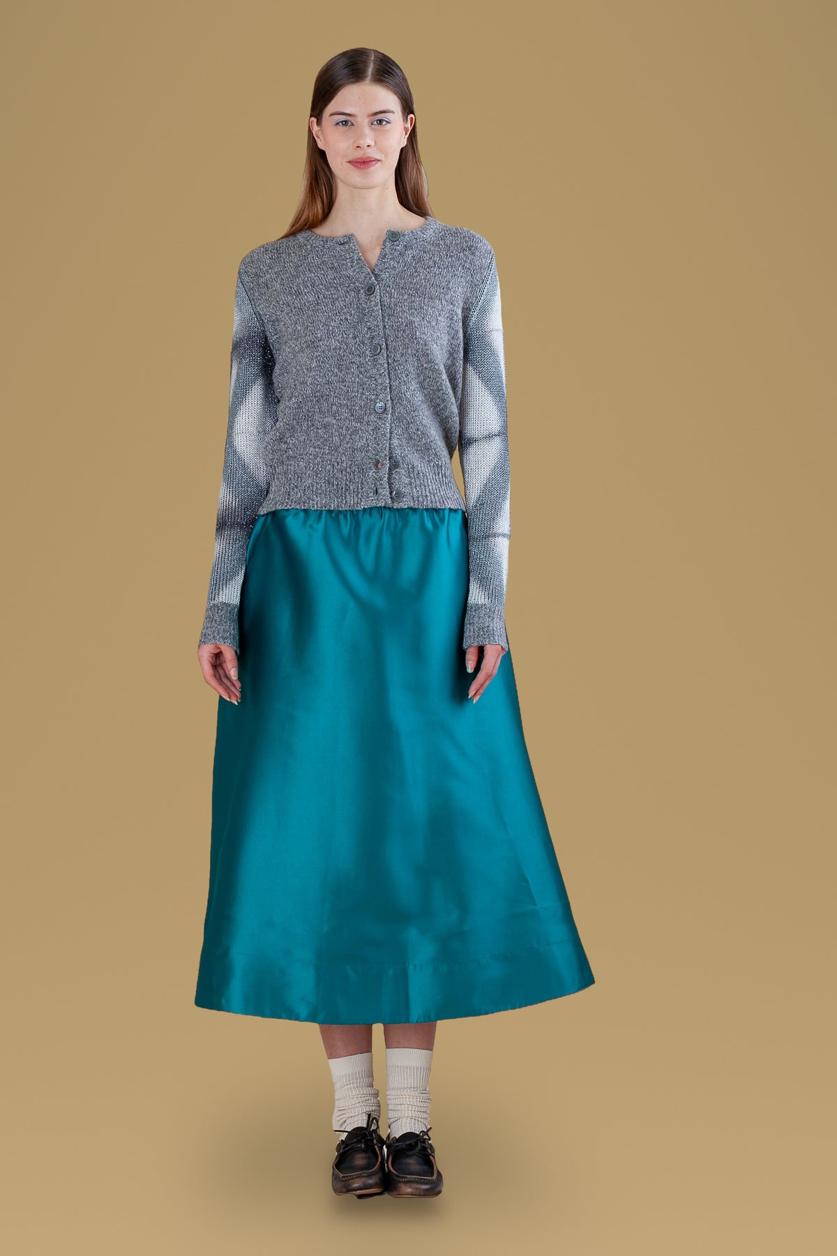 Grey cashmere cardigan with tie-dyed lurex sleeves, front view