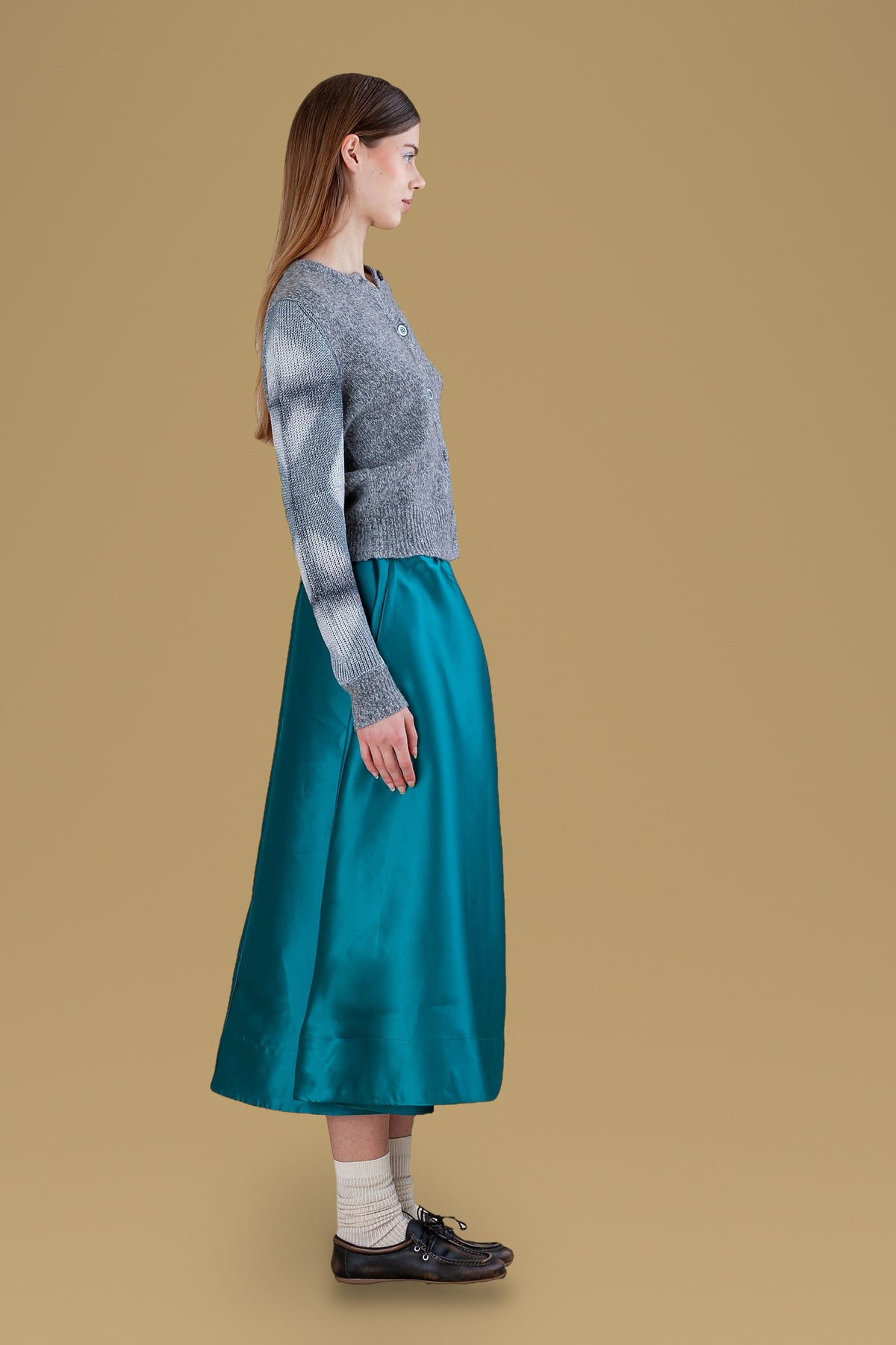Grey cardigan, side view showing lurex sleeve