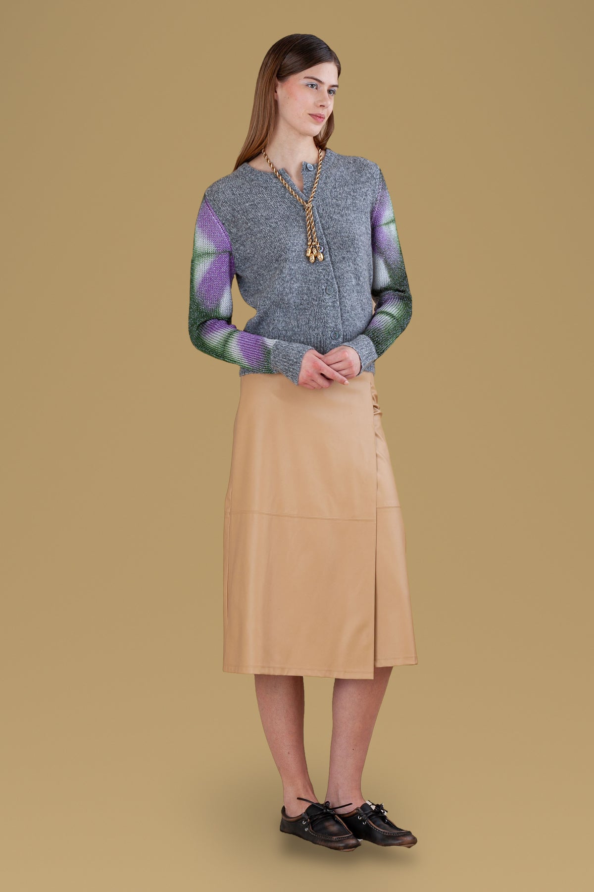 Lurex Sleeves Rebecchina Cardigan · Wood · three-quarter view