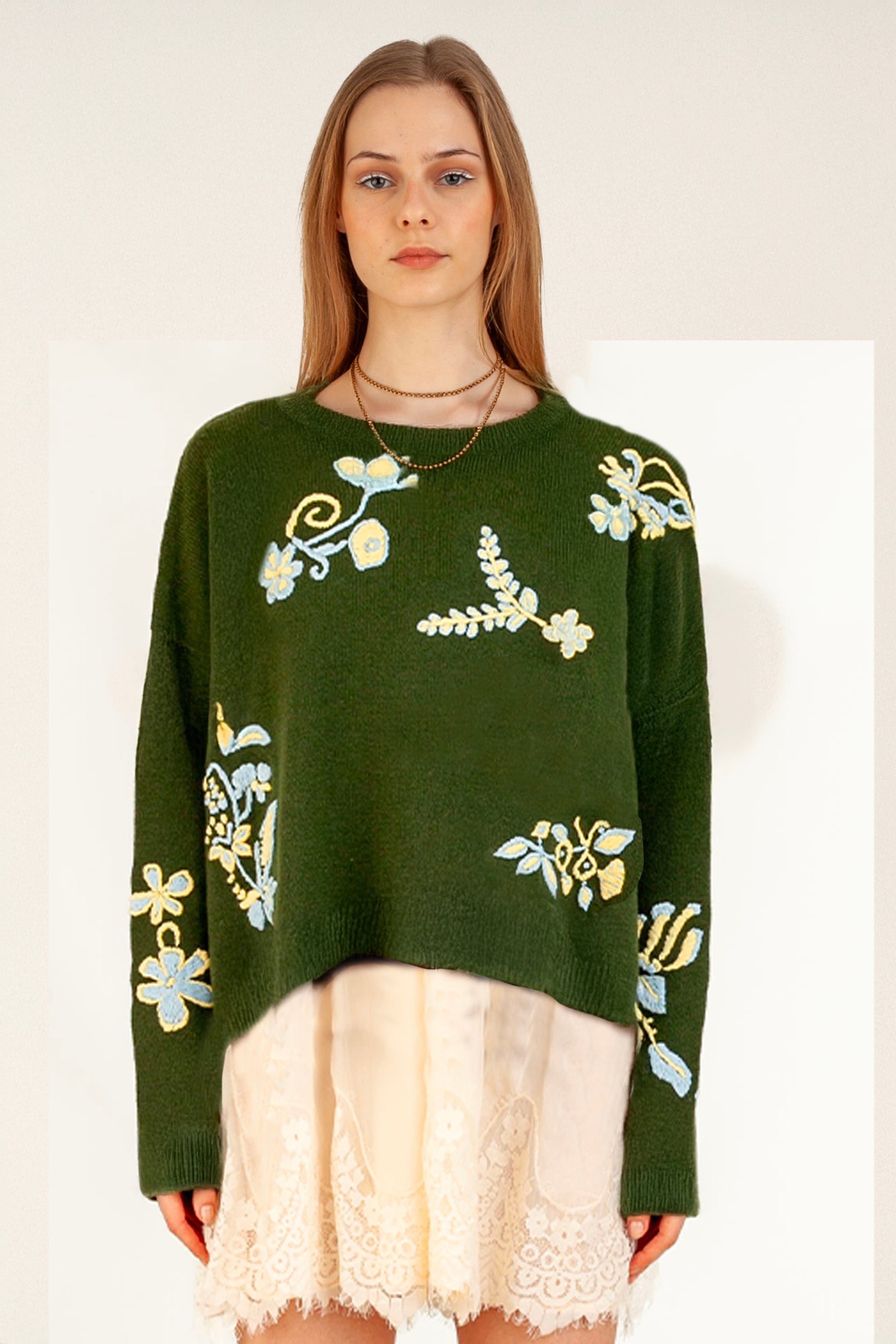 olive green sweater, wool cashmere knit, hand embroidered sweater, artisan knitwear, floral embroidery, oversized raglan sweater, luxury knitwear, ethical fashion, sustainable sweater, cozy autumn knit