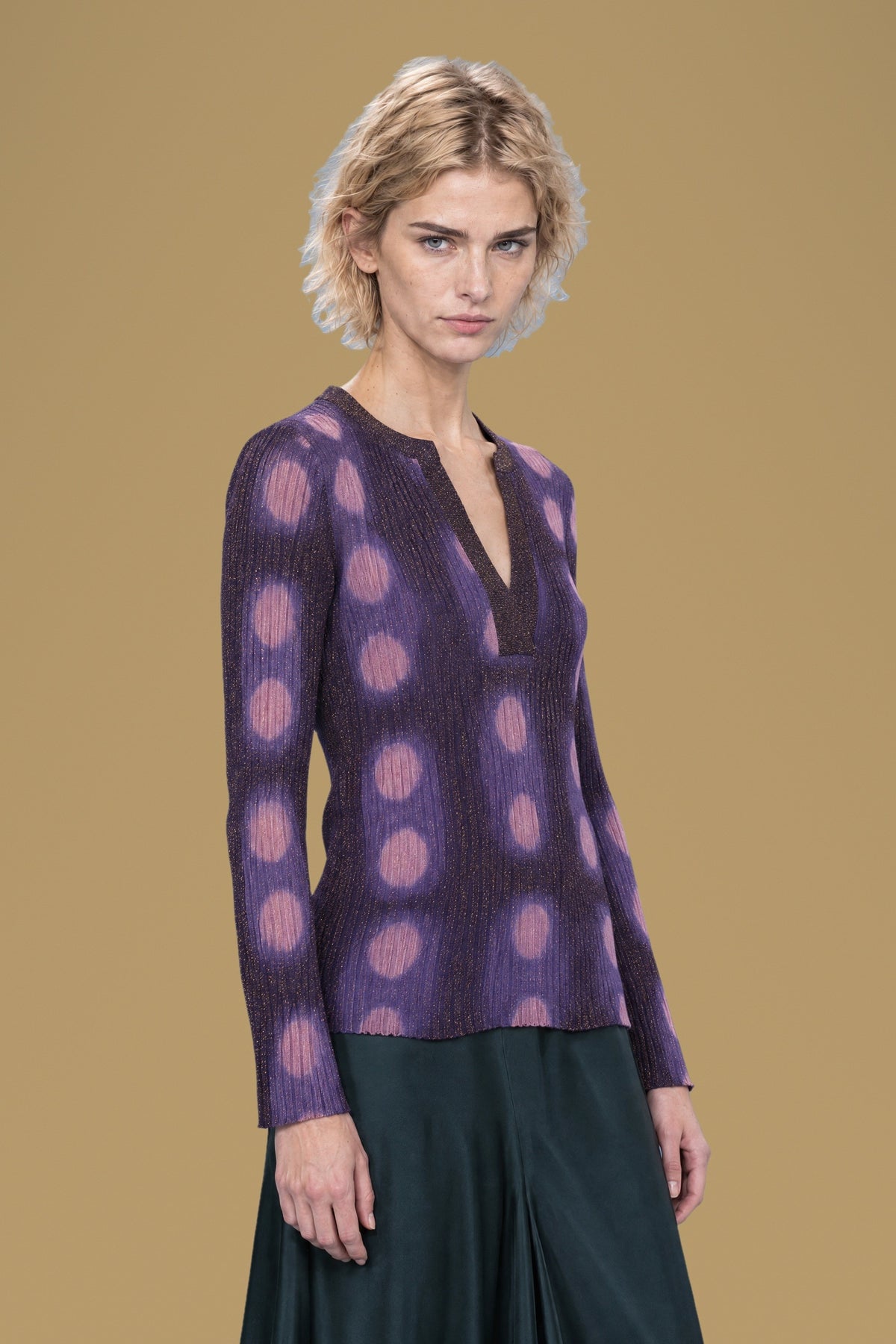 Navy tie-dye circles henley sweater, three-quarter view
