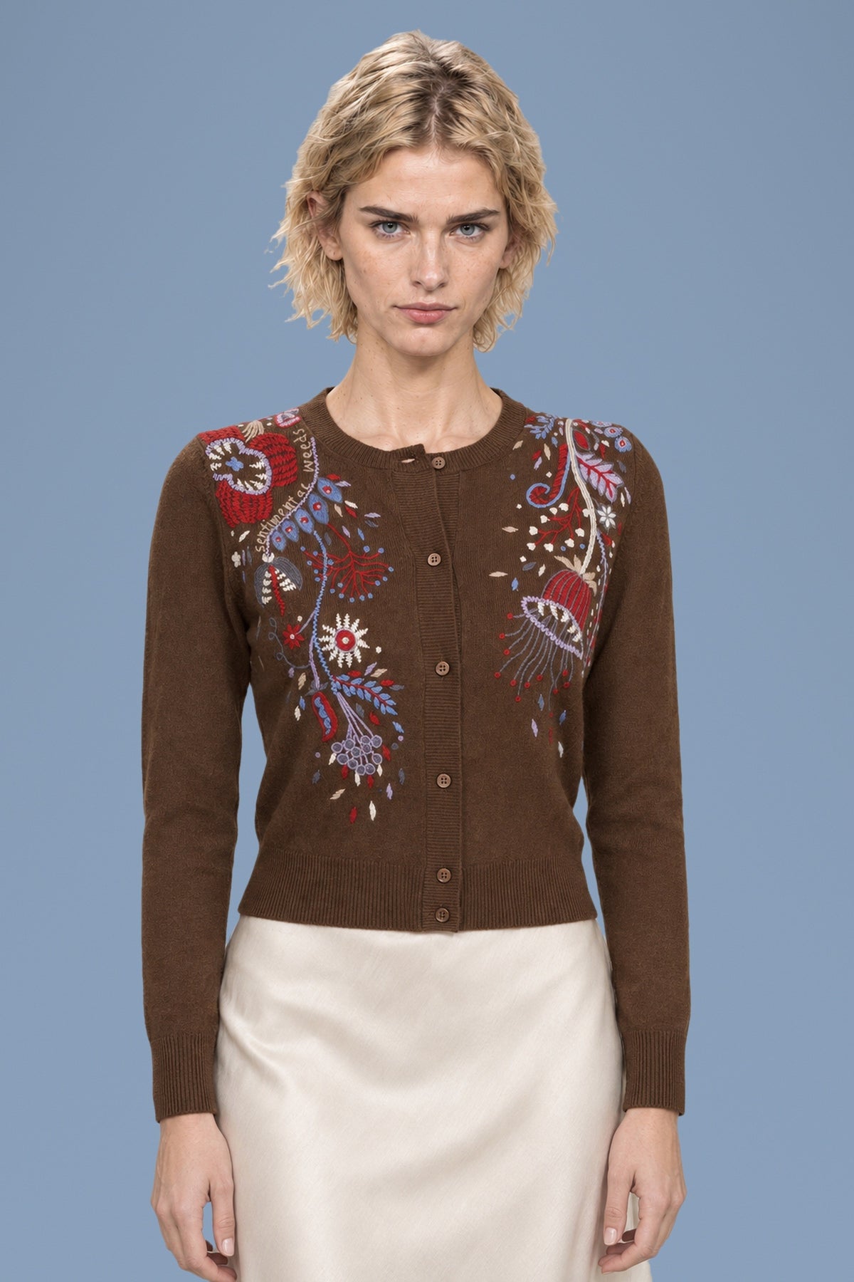 Brown Rebecchina cardigan, half-body view, hand embroidery on both front panels