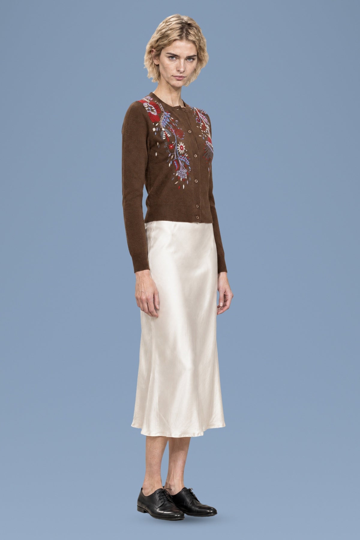 Brown hand-embroidered Rebecchina cardigan, three-quarter view