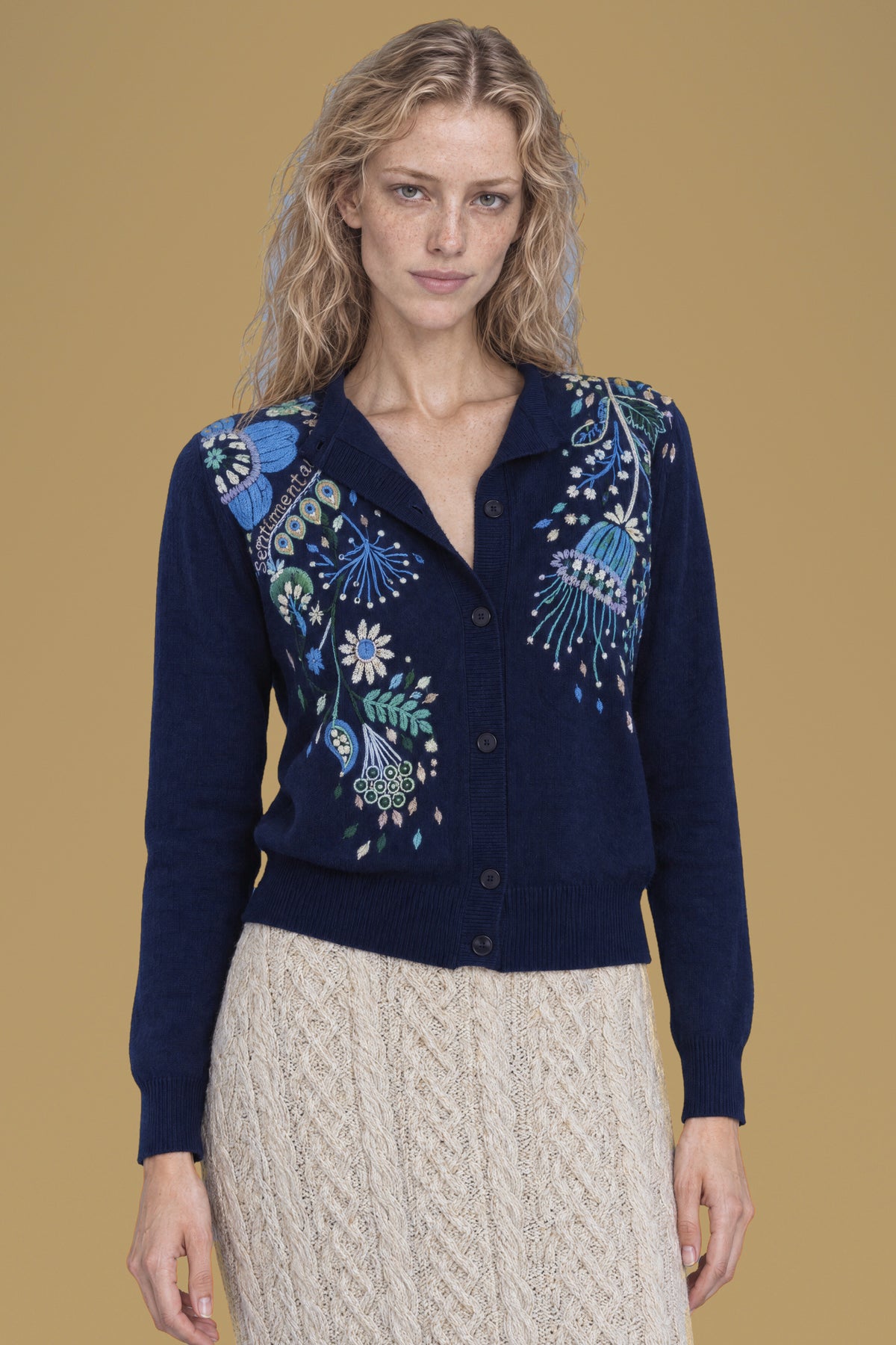 Navy cardigan, front bust with buttons and hand embroidery